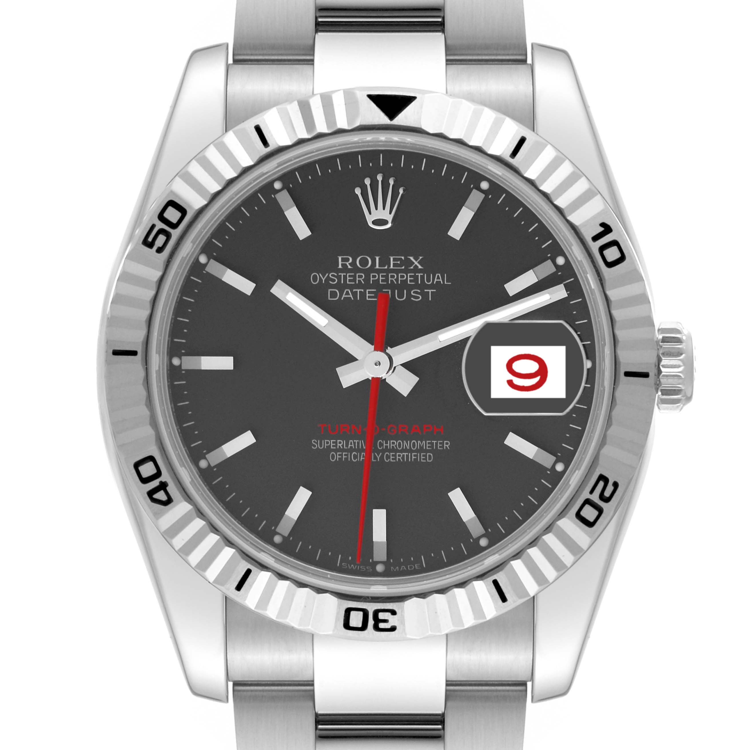 This image shows a front view of a Rolex Turn-o-Graph 116264 Men's Stainless Steel Black Dial 116264 Men's Stainless Steel Black Dial watch, highlighting the dial, bezel, and bracelet.