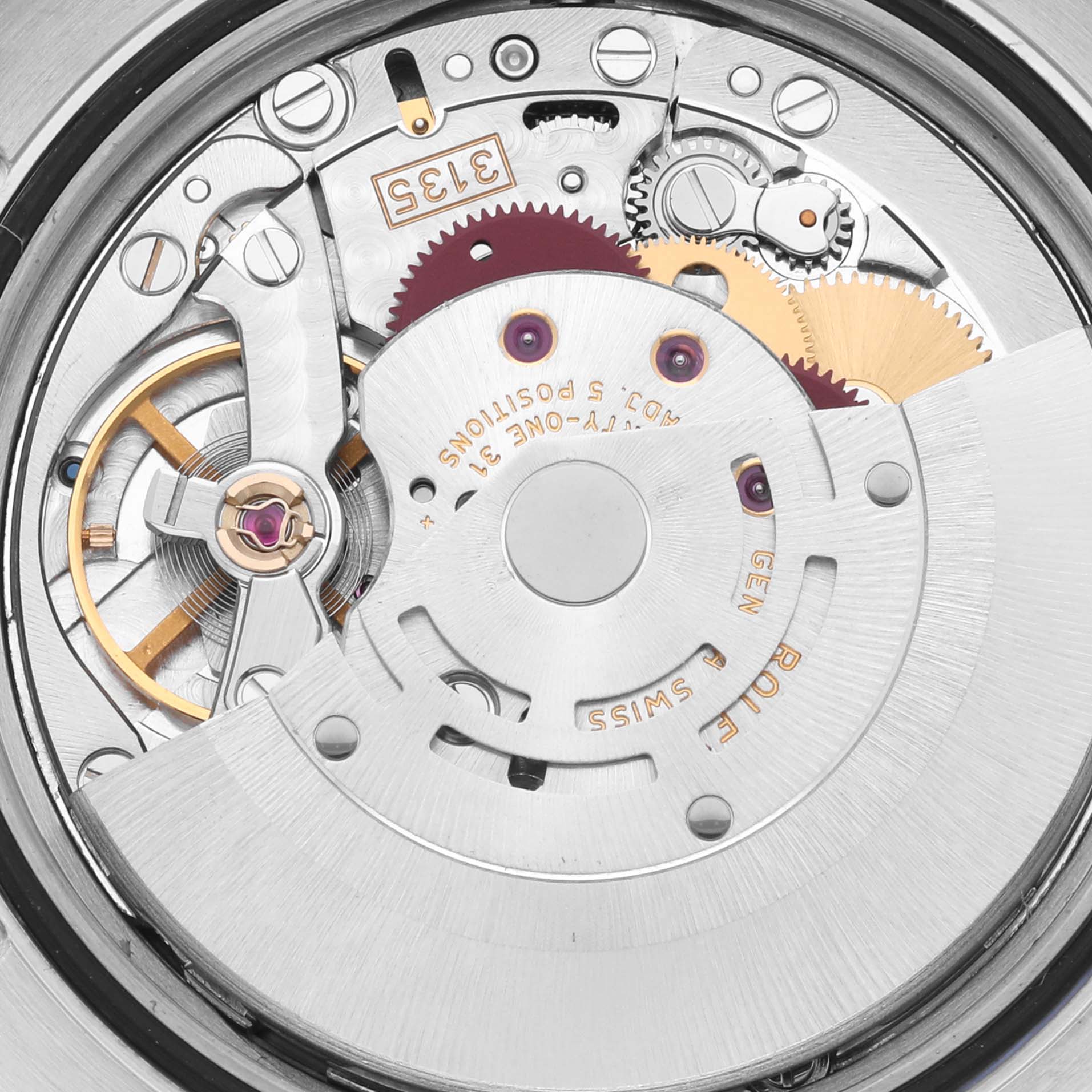 This is a close-up view of the Rolex Turn-o-Graph 116264 Men's Stainless Steel Black Dial 116264 Men's Stainless Steel Black Dial watch movement, showing gears, rotor, and other internal components.