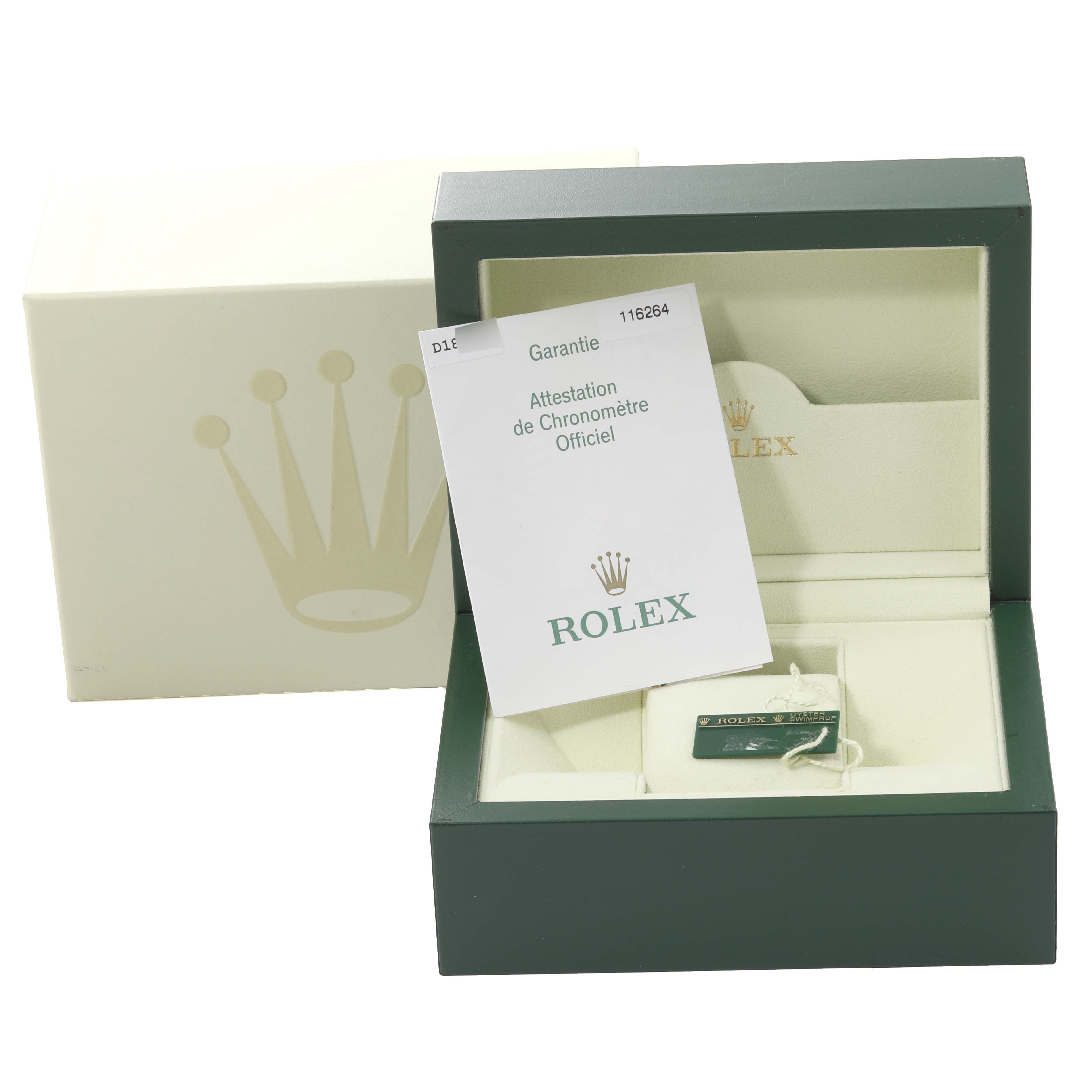 The image shows a Rolex Turn-o-Graph 116264 Men's Stainless Steel Black Dial 116264 Men's Stainless Steel Black Dial watch box with a warranty card and tag, viewed from a front angle.