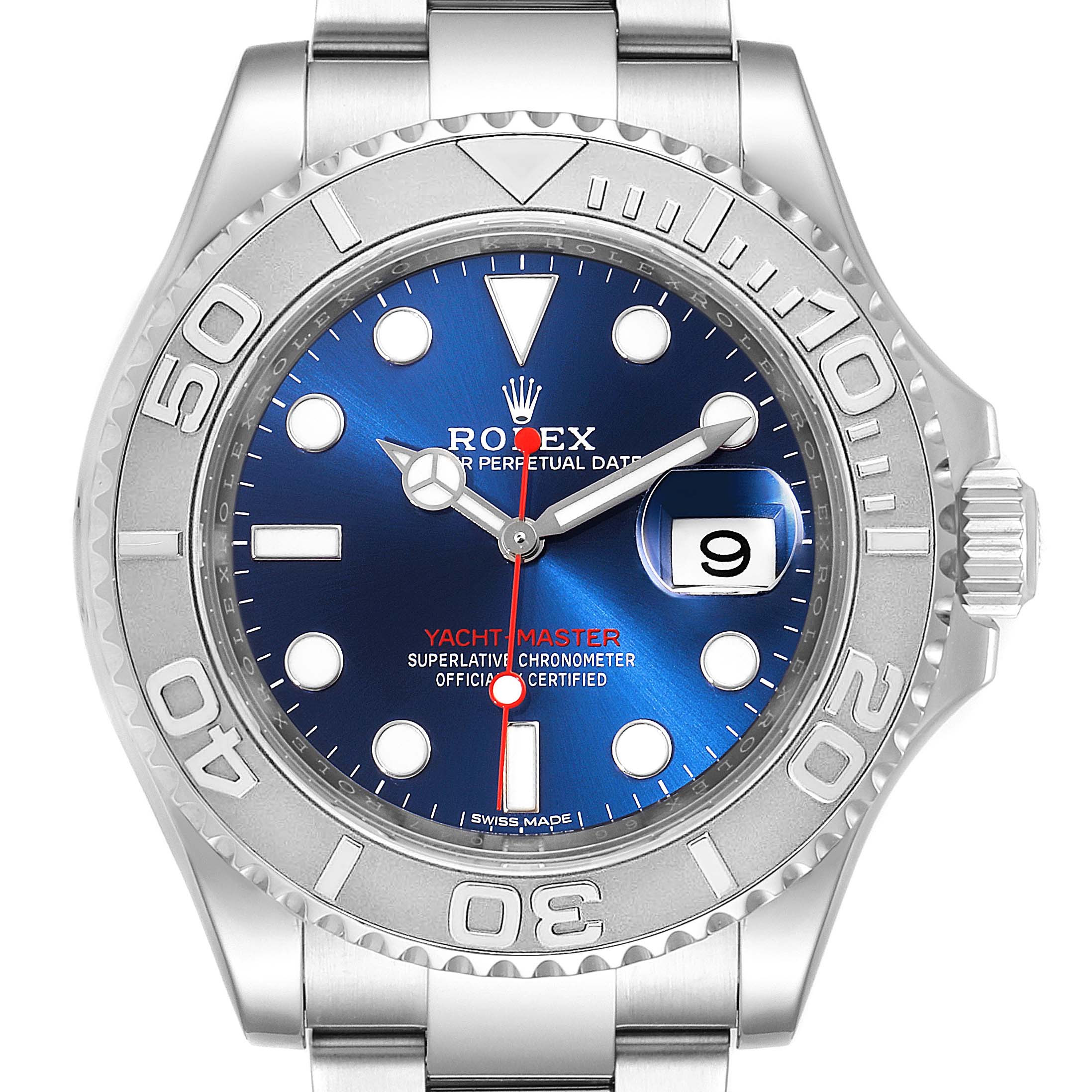 This image shows a front view of the Rolex Yacht-Master 116622 Men
s Stainless Steel Blue Dial 116622 Men
s Stainless Steel Blue Dial watch, highlighting the dial, bezel, crown, and part of the bracelet.