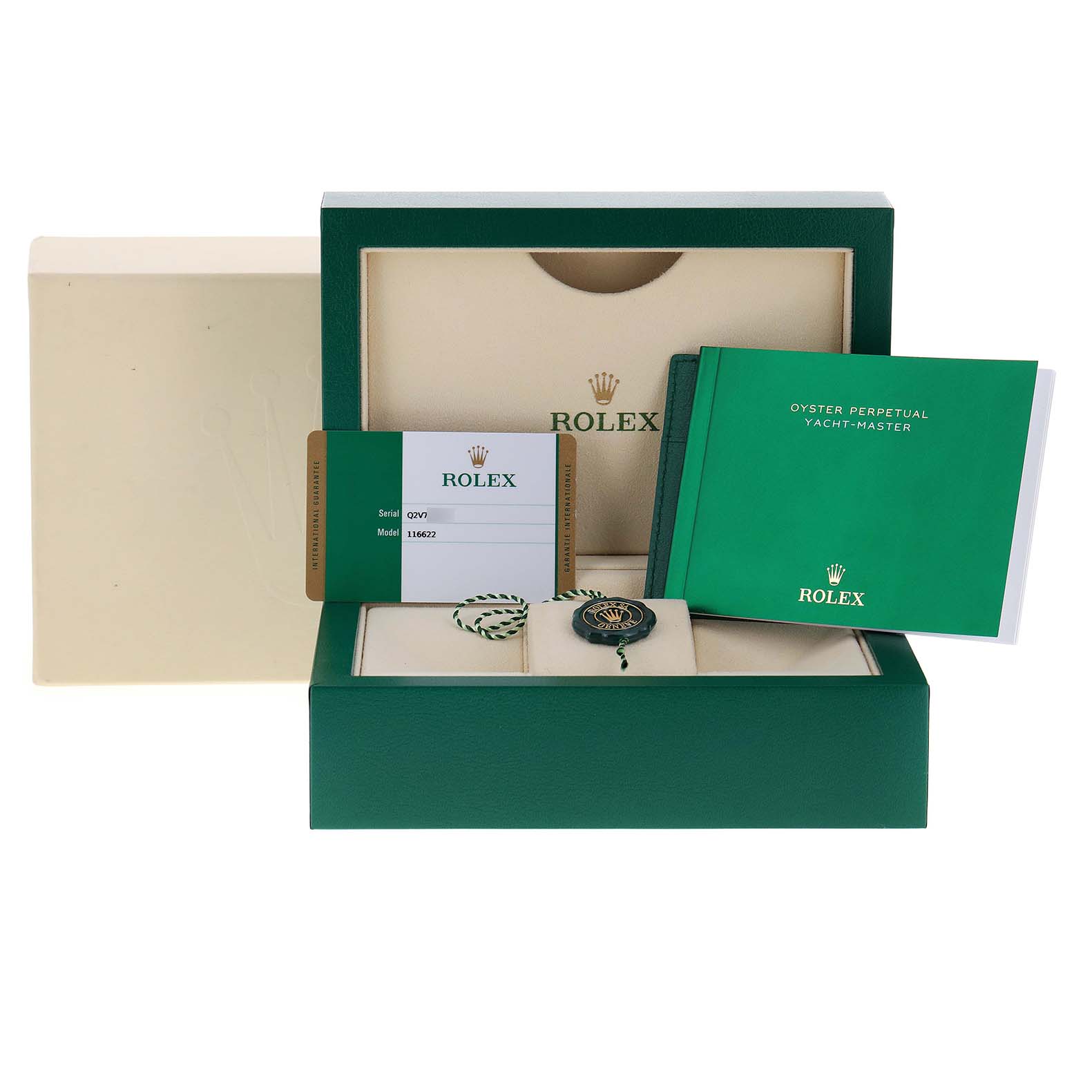The image shows a Rolex Yacht-Master 116622 Men
s Stainless Steel Blue Dial 116622 Men
s Stainless Steel Blue Dial watch box, warranty card, manuals, and tag from a front angle.
