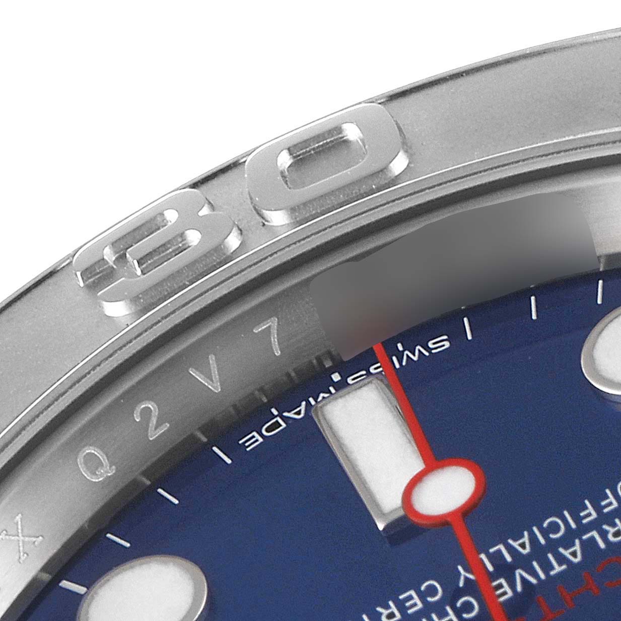 The image shows a close-up of the bezel, dial, and part of the minute hand of the Rolex Yacht-Master 116622 Men
s Stainless Steel Blue Dial 116622 Men
s Stainless Steel Blue Dial watch.