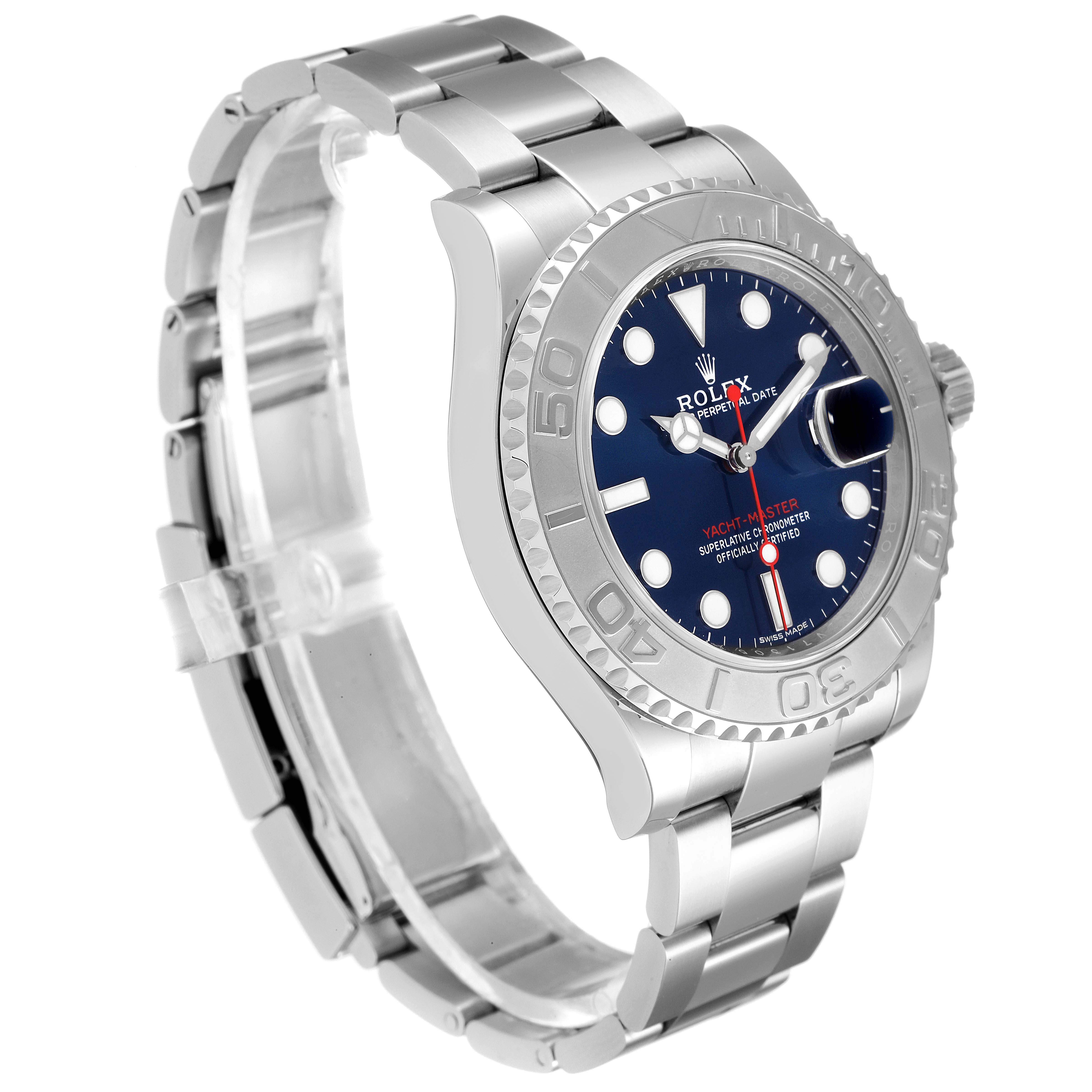 The Rolex Yacht-Master 116622 Men
s Stainless Steel Blue Dial 116622 Men
s Stainless Steel Blue Dial model watch is shown at a slight angle, highlighting its face, bezel, and bracelet.