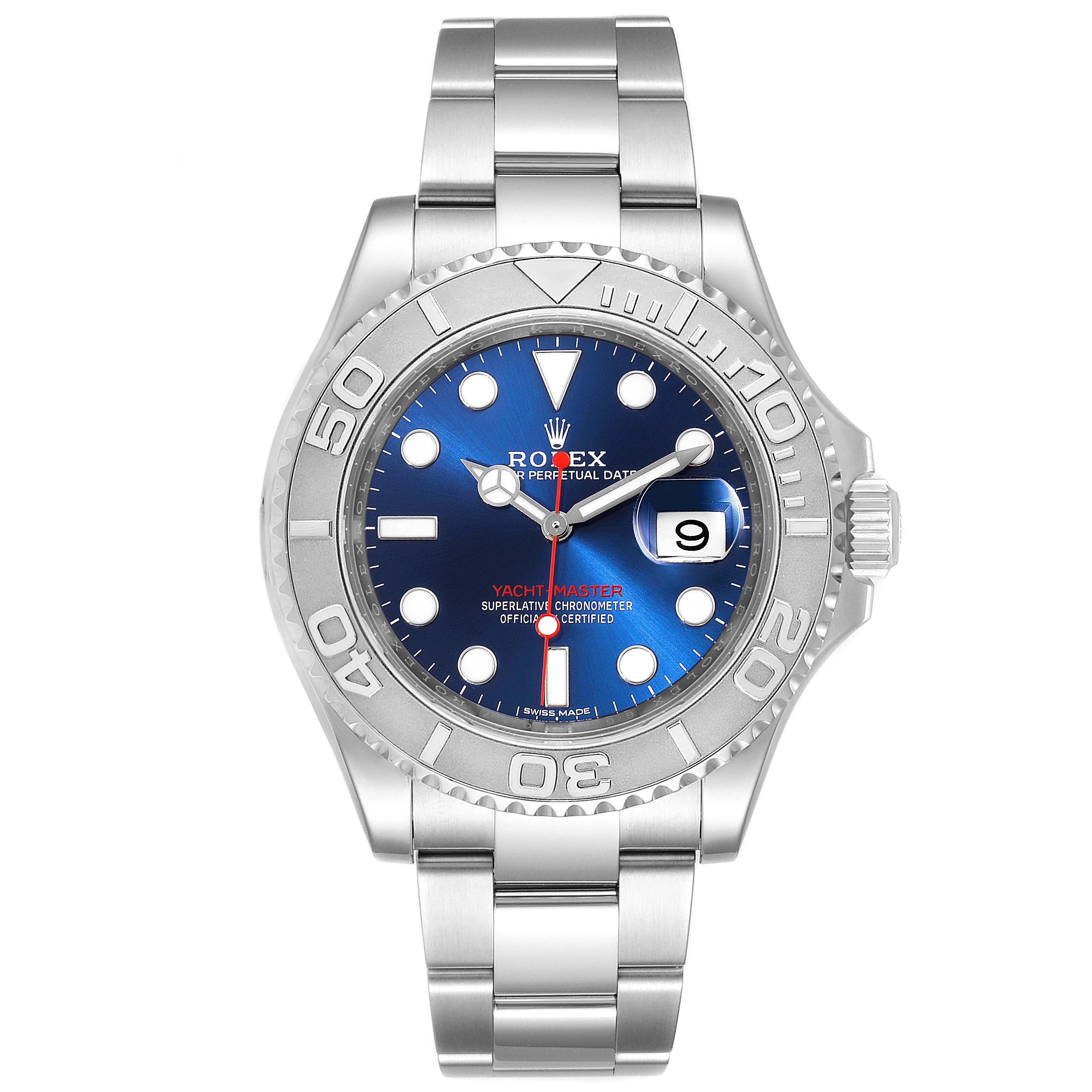 The image shows a front view of a Rolex Yacht-Master 116622 Men
s Stainless Steel Blue Dial 116622 Men
s Stainless Steel Blue Dial watch, displaying its dial, bezel, and bracelet.