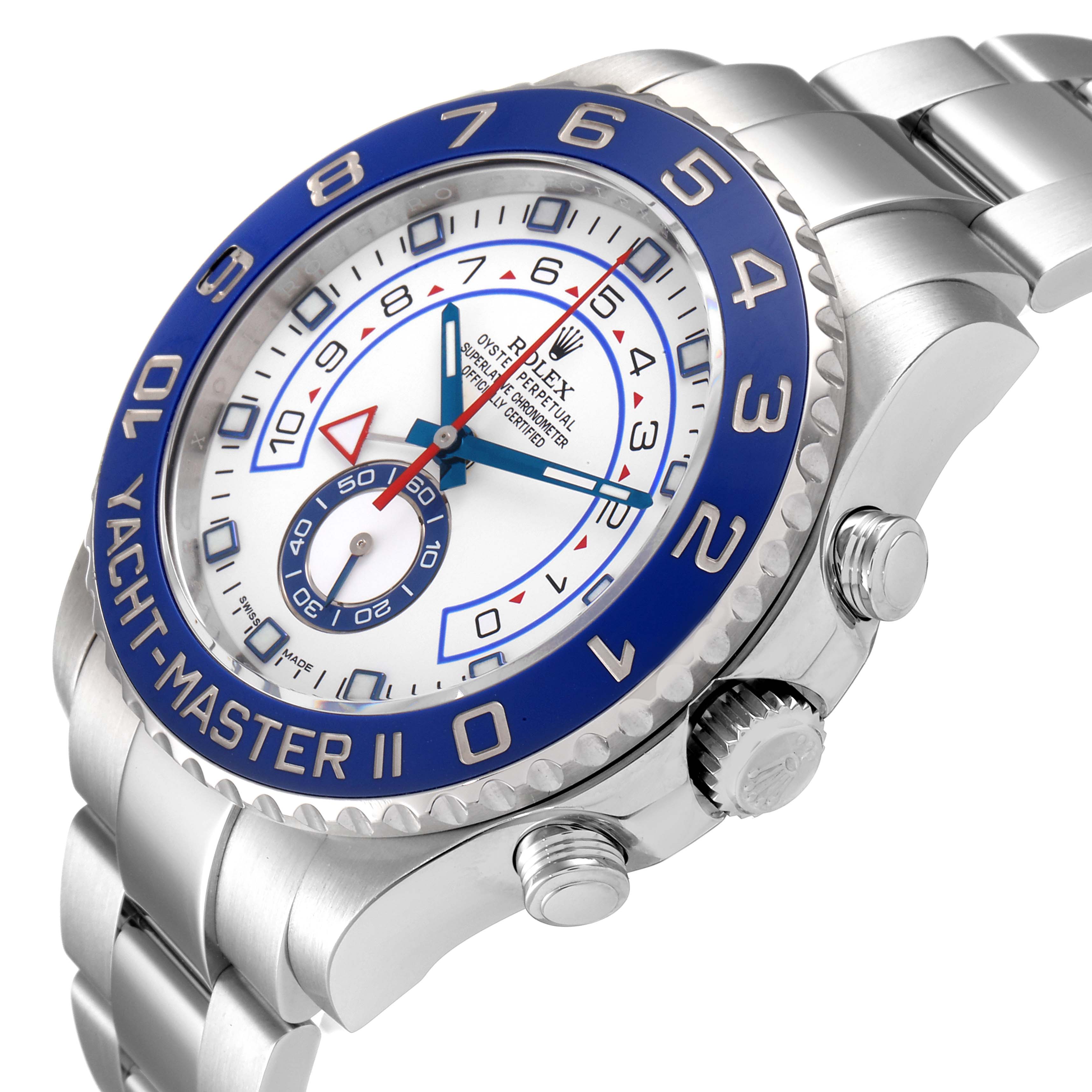 This Yacht-Master model by Rolex is shown at a three-quarter angle, displaying the face, bezel, crown, and part of the bracelet.