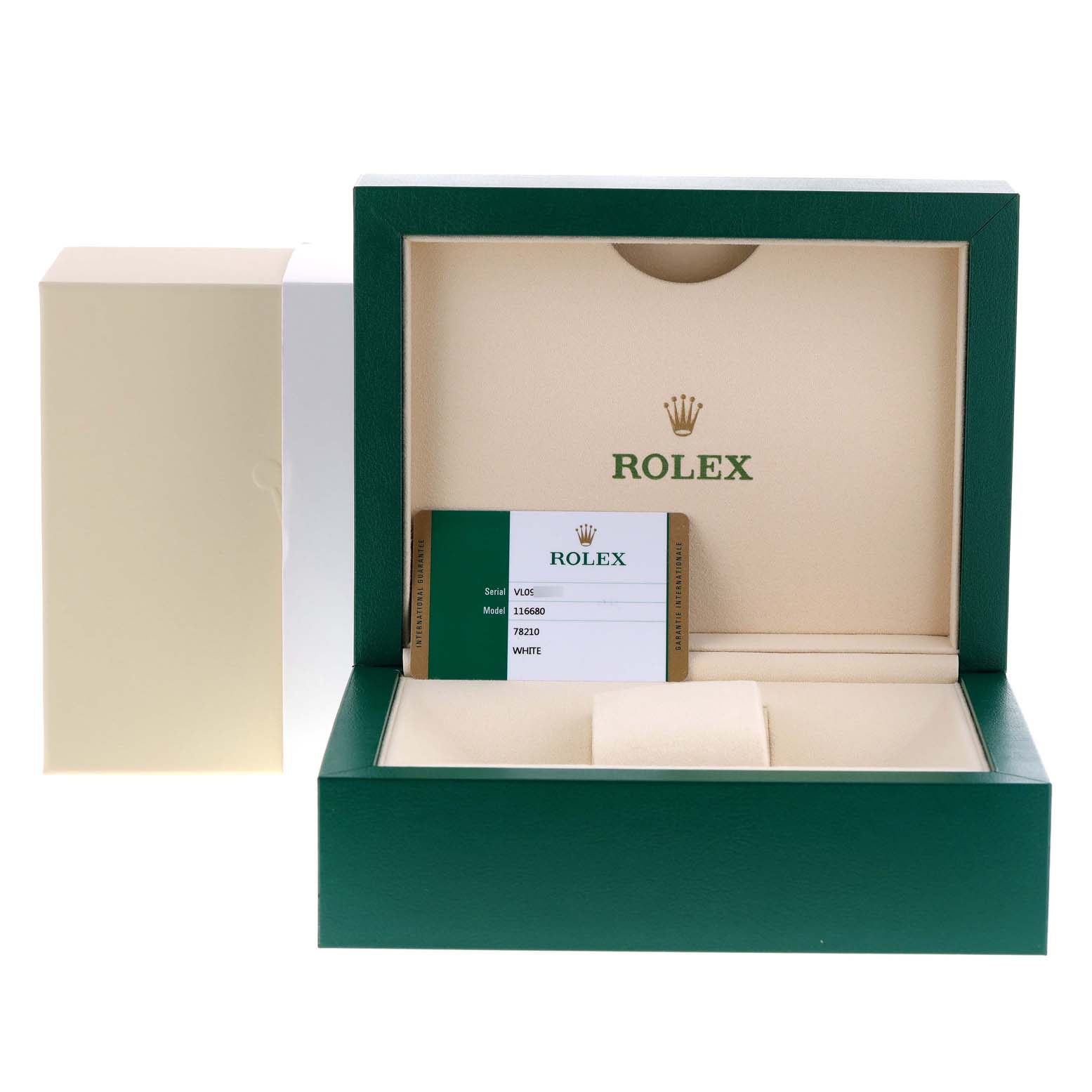 The image shows an open Rolex Yacht-Master 116680 Men
s Stainless Steel White Dial 116680 Men
s Stainless Steel White Dial watch box, featuring an Best Quality
ity card, viewed from the front.