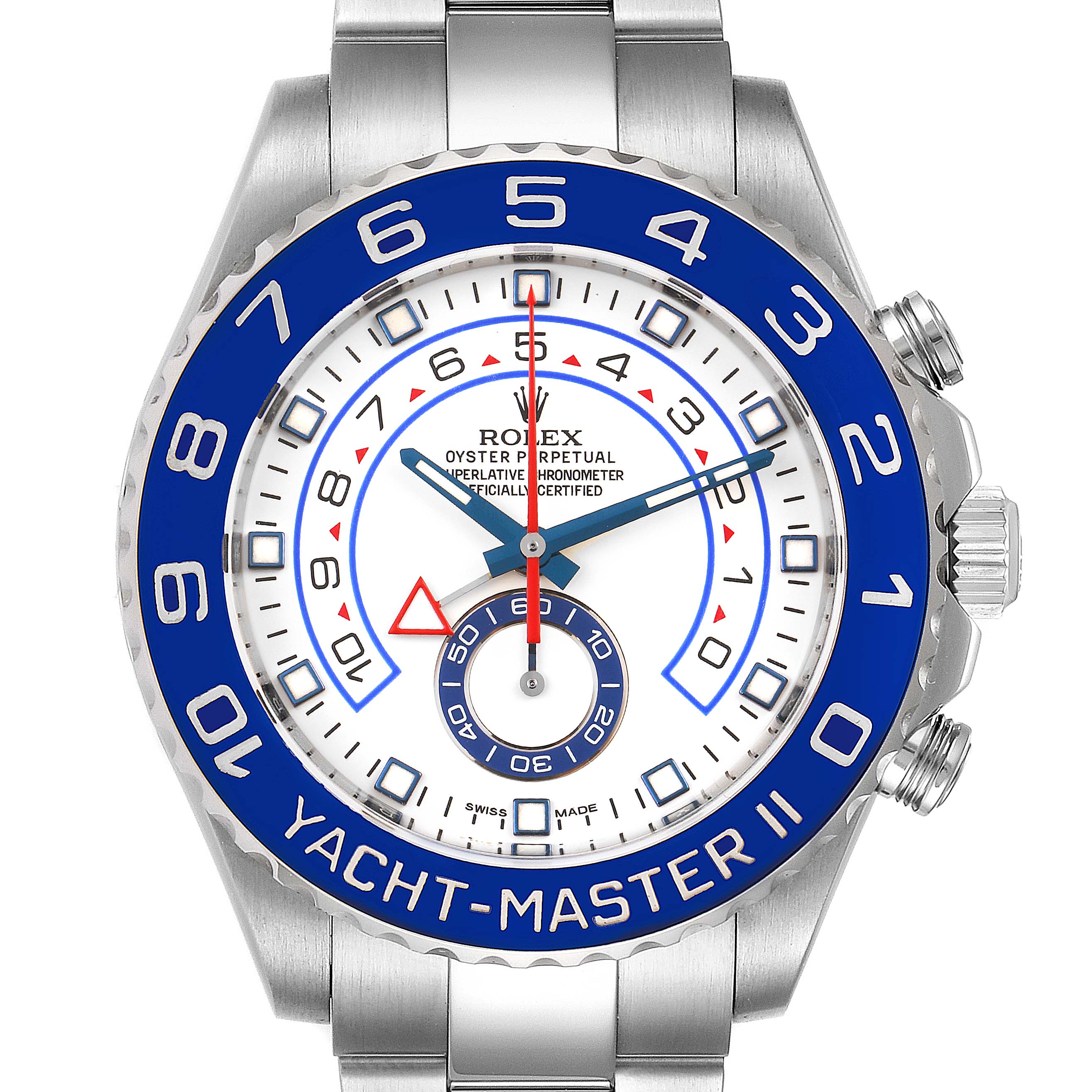 The image shows a Rolex Yacht-Master 116680 Men
s Stainless Steel White Dial 116680 Men
s Stainless Steel White Dial II watch face with blue bezel, detailed dial, and silver bracelet from a front-angle view.