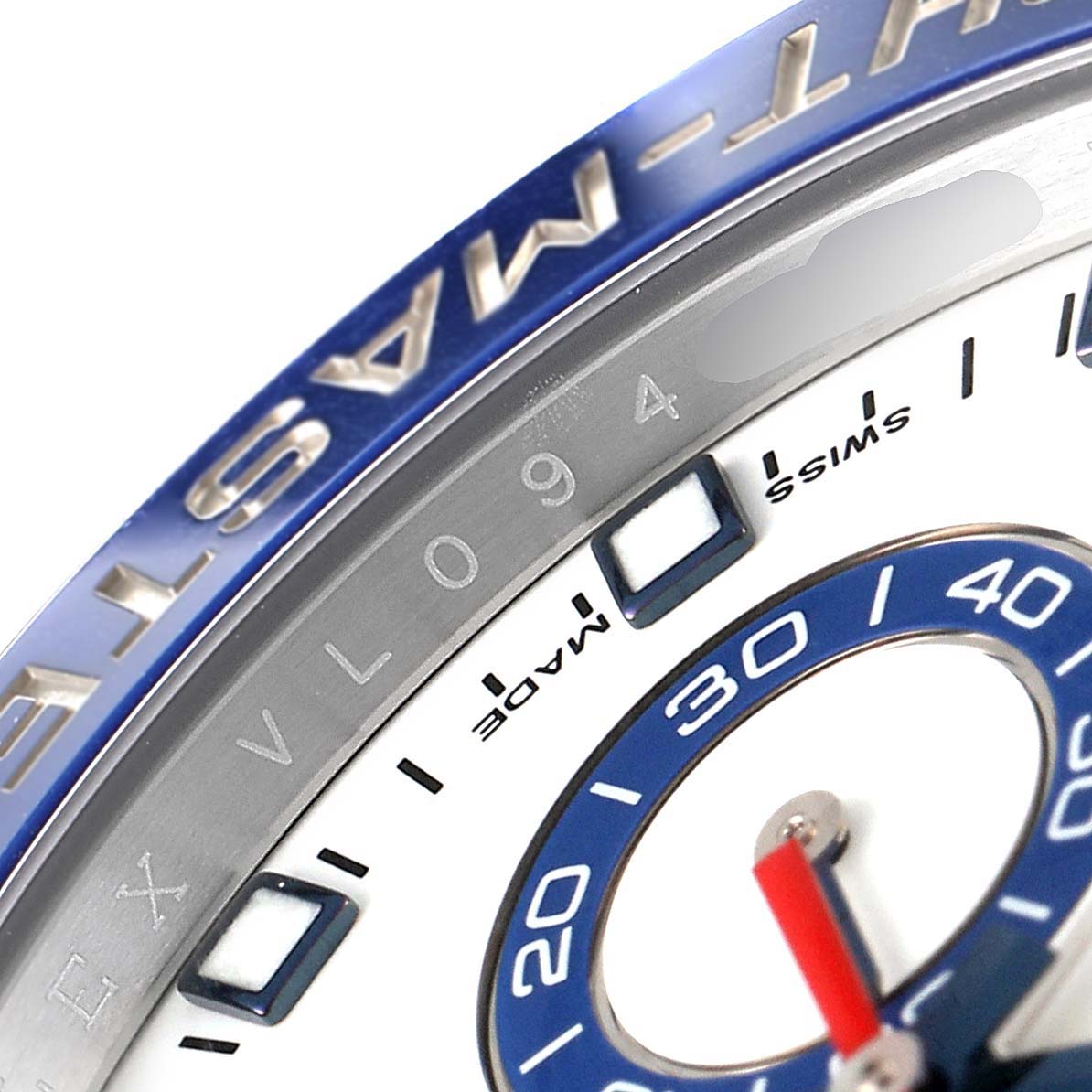 Close-up of a Rolex Yacht-Master 116680 Men
s Stainless Steel White Dial 116680 Men
s Stainless Steel White Dial watch showing the dial, bezel, and part of the second hand.