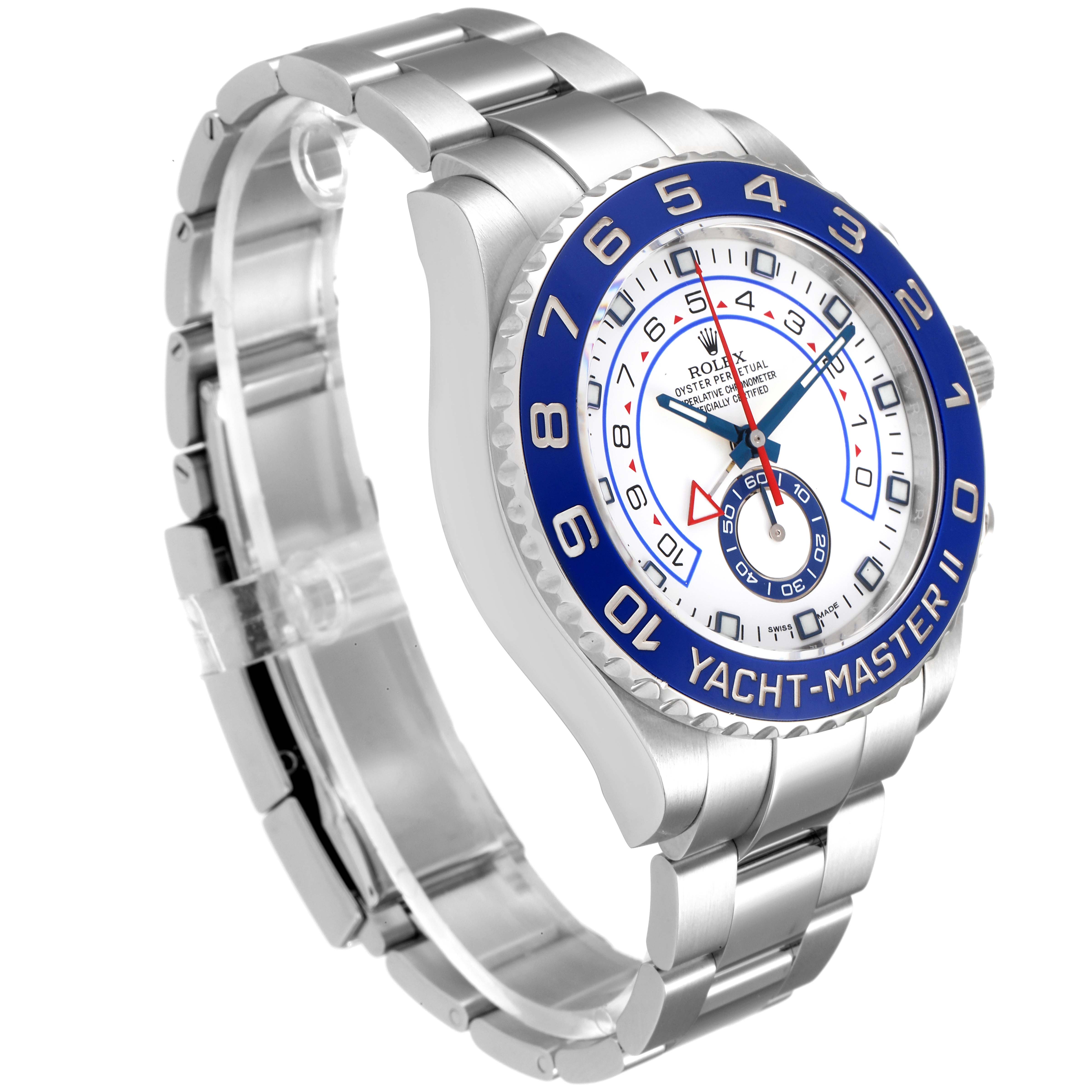 The Rolex Yacht-Master 116680 Men
s Stainless Steel White Dial 116680 Men
s Stainless Steel White Dial watch is shown from a three-quarter angle highlighting its face, bezel, and bracelet.