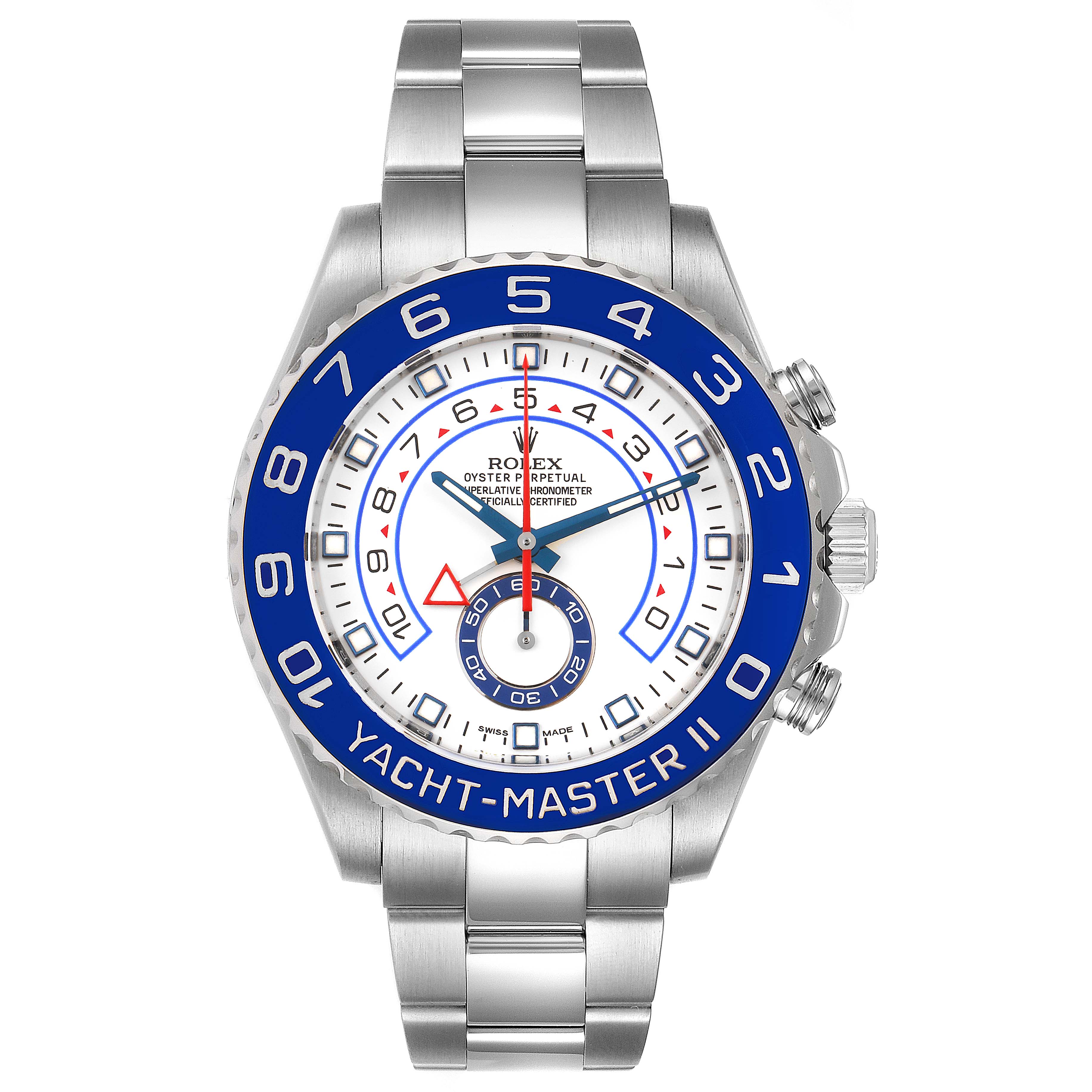 The image shows a front view of a Rolex Yacht-Master 116680 Men
s Stainless Steel White Dial 116680 Men
s Stainless Steel White Dial II watch, featuring the dial, bezel, and bracelet.
