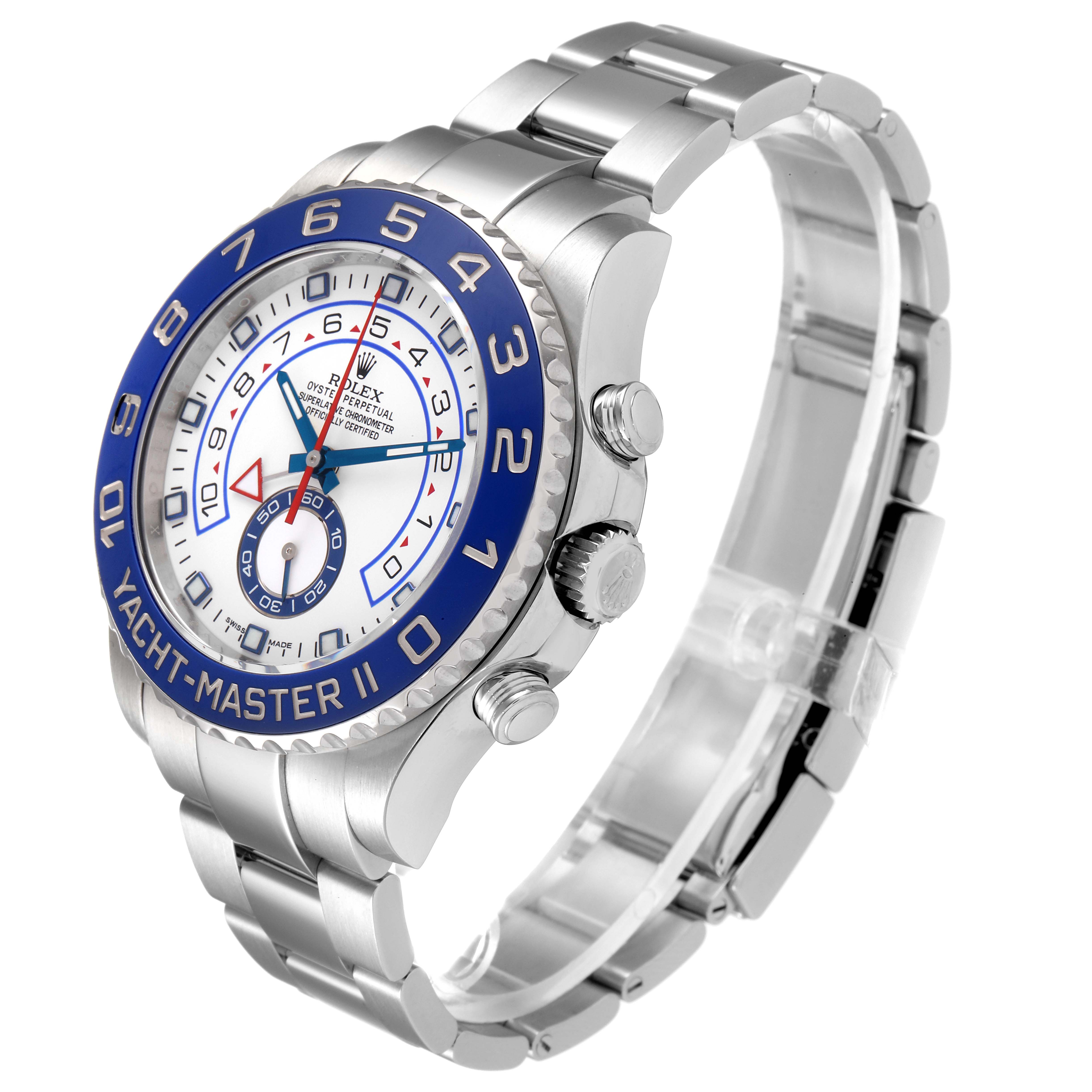 The image shows a side and slightly tilted top view of a Rolex Yacht-Master 116680 Men
s Stainless Steel White Dial 116680 Men
s Stainless Steel White Dial II watch, highlighting the bezel, dial, and bracelet.