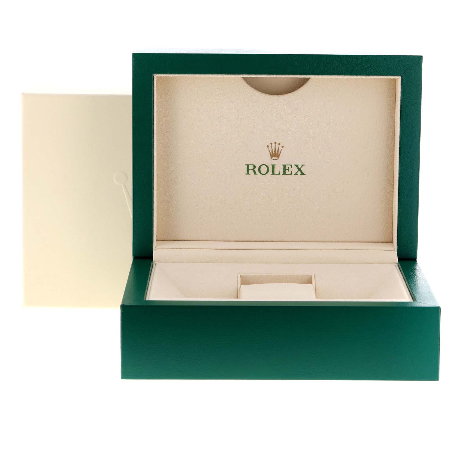 The image shows an open Rolex Yacht-Master 116680 Men's Stainless Steel White Dial 116680 Men's Stainless Steel White Dial watch box, highlighting its interior and the Rolex logo.