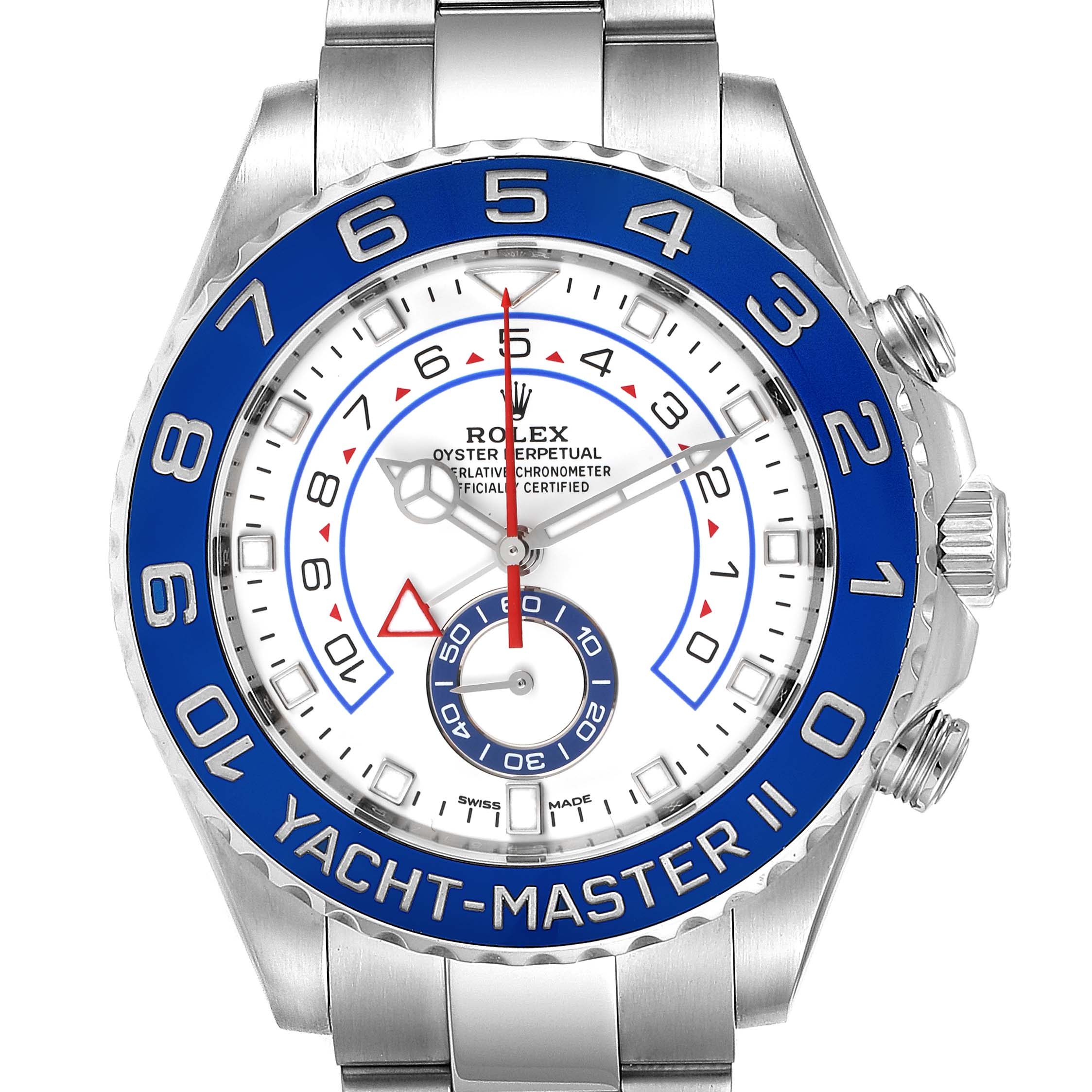 The image shows a front angle of the Rolex Yacht-Master 116680 Men's Stainless Steel White Dial 116680 Men's Stainless Steel White Dial II watch, displaying its blue bezel and white dial with multiple sub-dials.