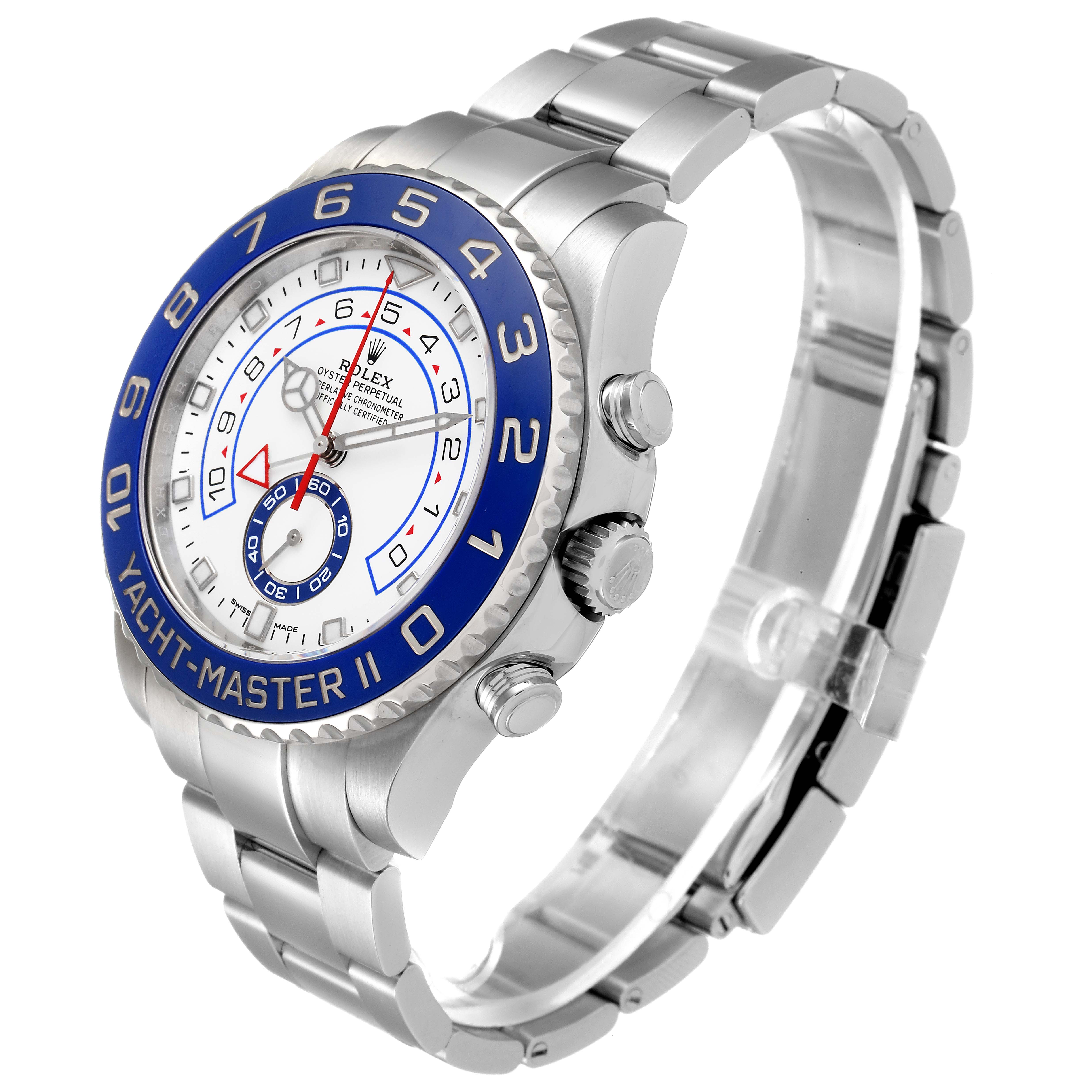 The image shows a Rolex Yacht-Master 116680 Men's Stainless Steel White Dial 116680 Men's Stainless Steel White Dial II watch at an angled side view, displaying the bezel, face, and bracelet.