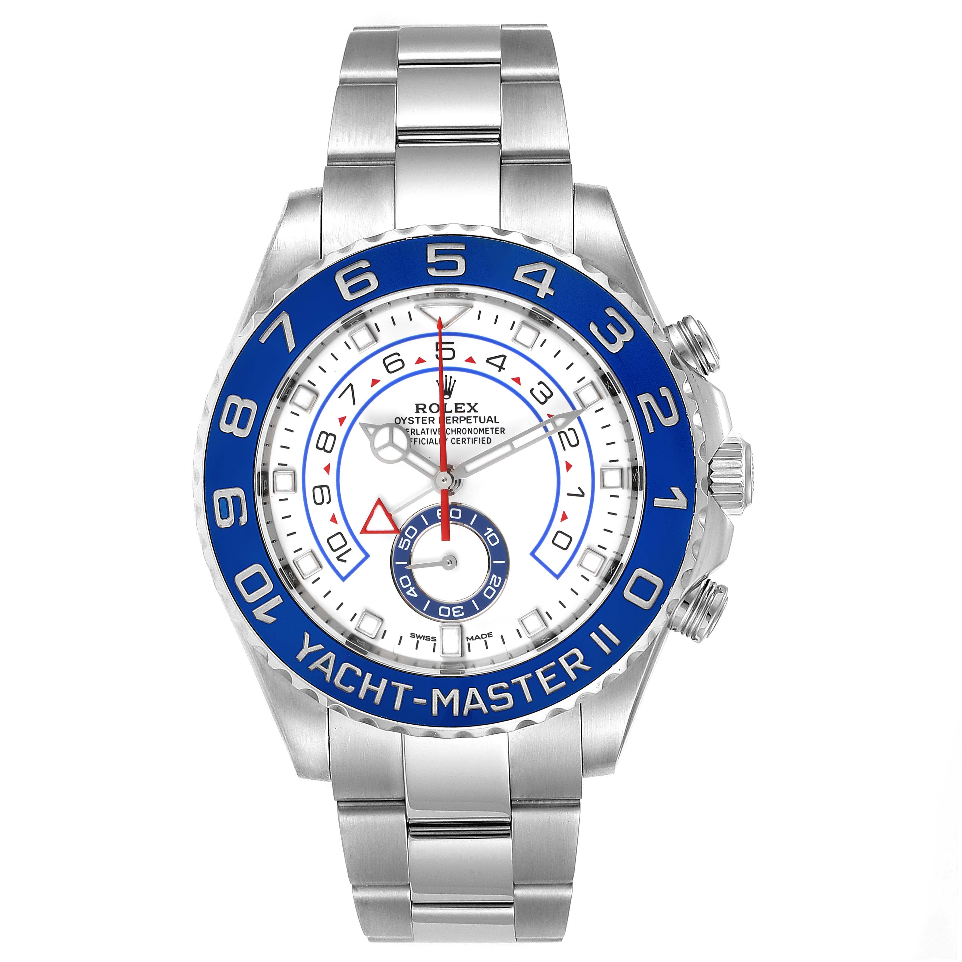 The image shows a frontal view of the Rolex Yacht-Master 116680 Men's Stainless Steel White Dial 116680 Men's Stainless Steel White Dial II watch, displaying its face, bezel, and bracelet.