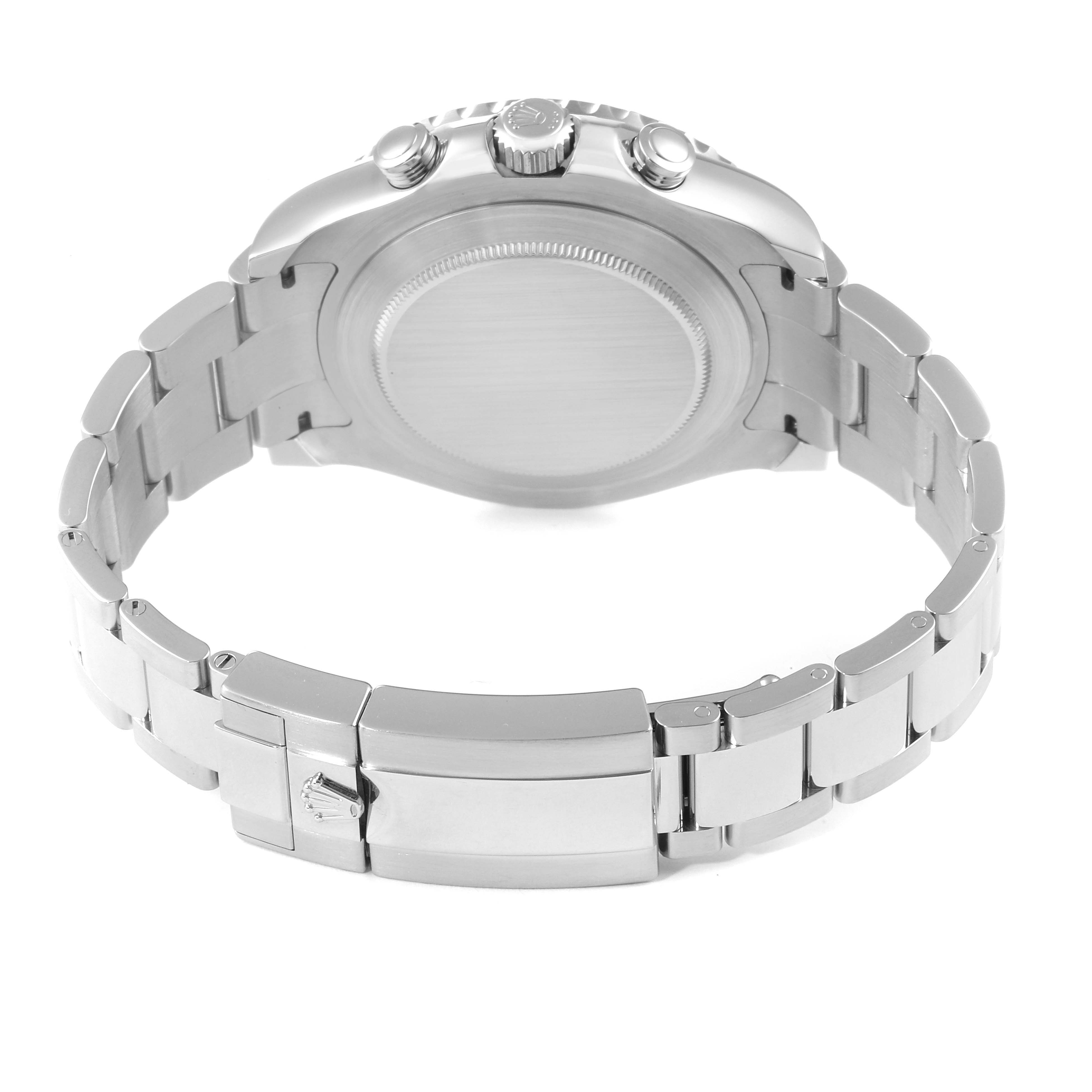 This image shows the back view of a Rolex Yacht-Master 116680 Men's Stainless Steel White Dial 116680 Men's Stainless Steel White Dial watch, including the case back and part of the metal bracelet with the clasp.