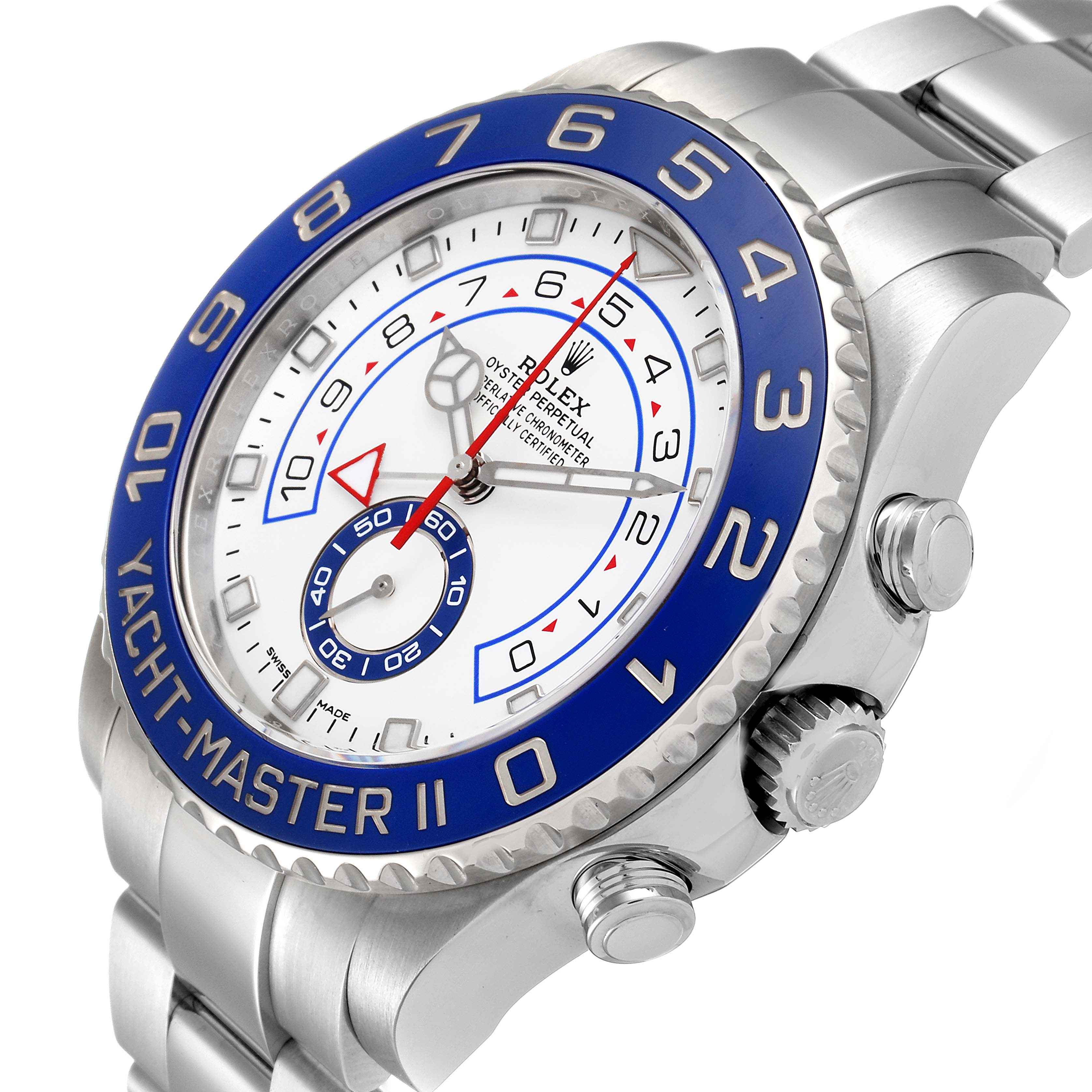 The Rolex Yacht-Master 116680 Men's Stainless Steel White Dial 116680 Men's Stainless Steel White Dial II watch is shown at an angle highlighting the dial, bezel, crown, and part of the bracelet.