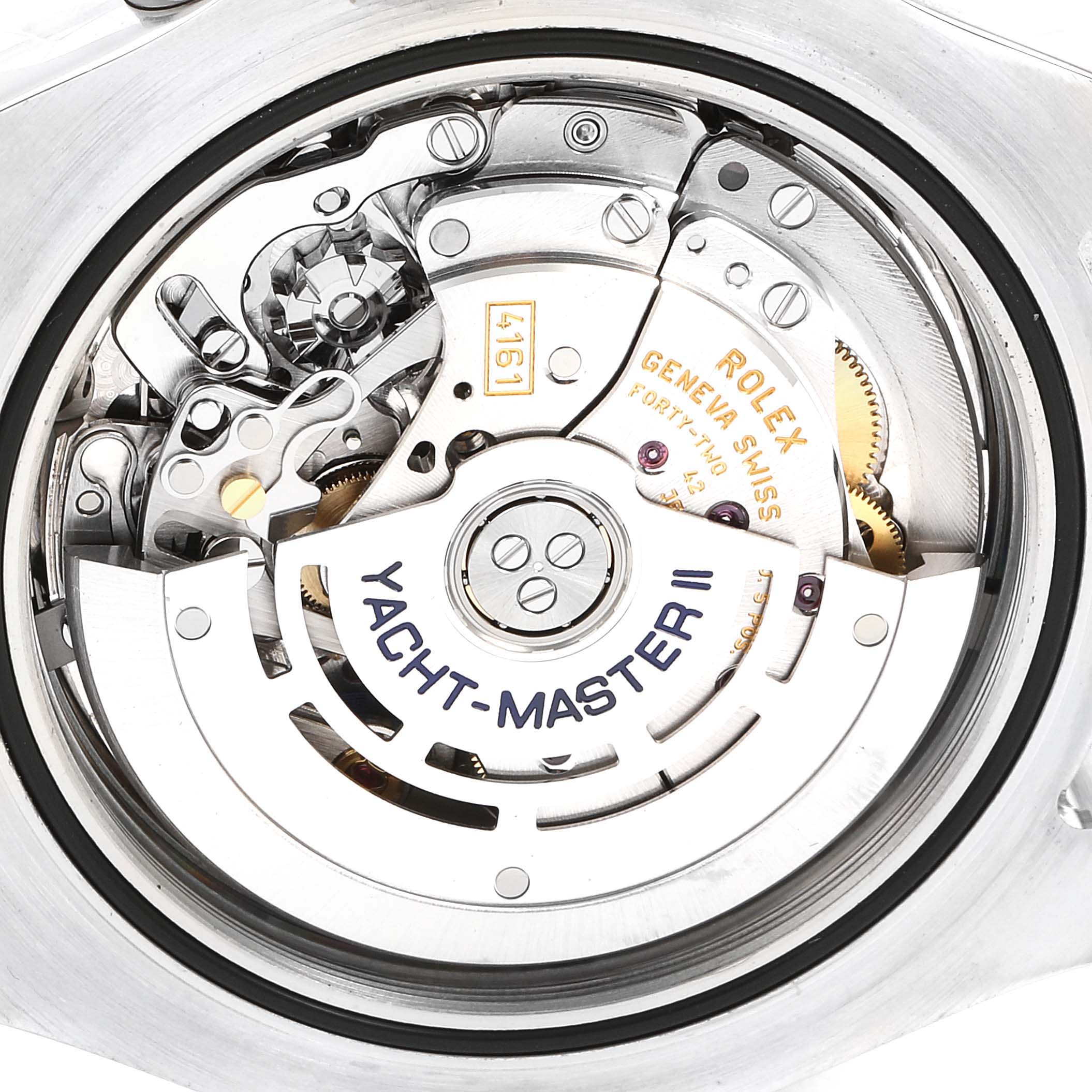 The image shows the intricate inner mechanism and rotor of a Rolex Yacht-Master 116680 Men's Stainless Steel White Dial 116680 Men's Stainless Steel White Dial II watch from a back view.