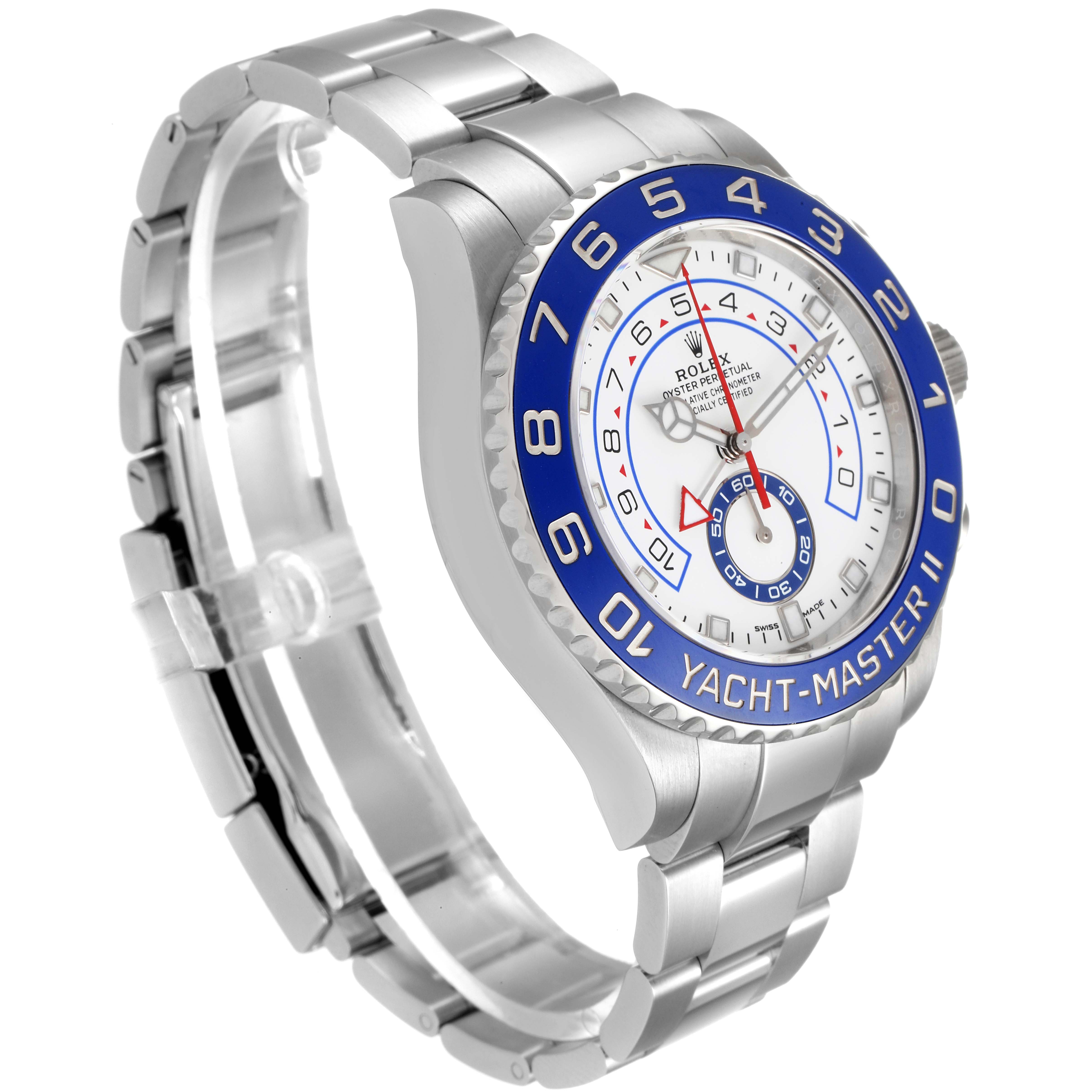 The image shows a side angle of a Rolex Yacht-Master 116680 Men's Stainless Steel White Dial 116680 Men's Stainless Steel White Dial II watch, highlighting its blue bezel and stainless steel bracelet.