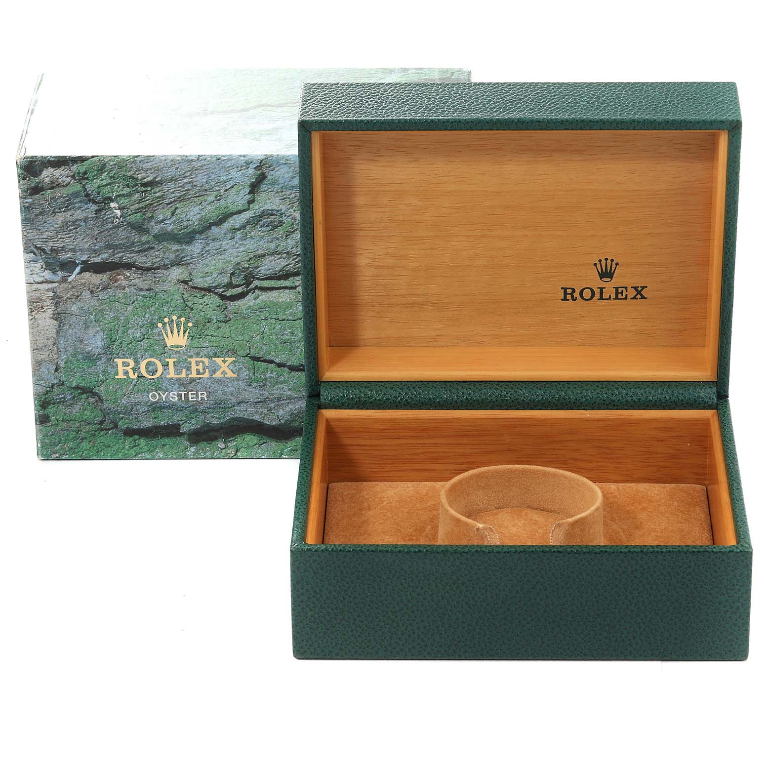 The image shows the open box and outer packaging for a Rolex Yacht-Master 68628 Men
s Yellow Gold White Dial 68628 Men
s Yellow Gold White Dial watch.