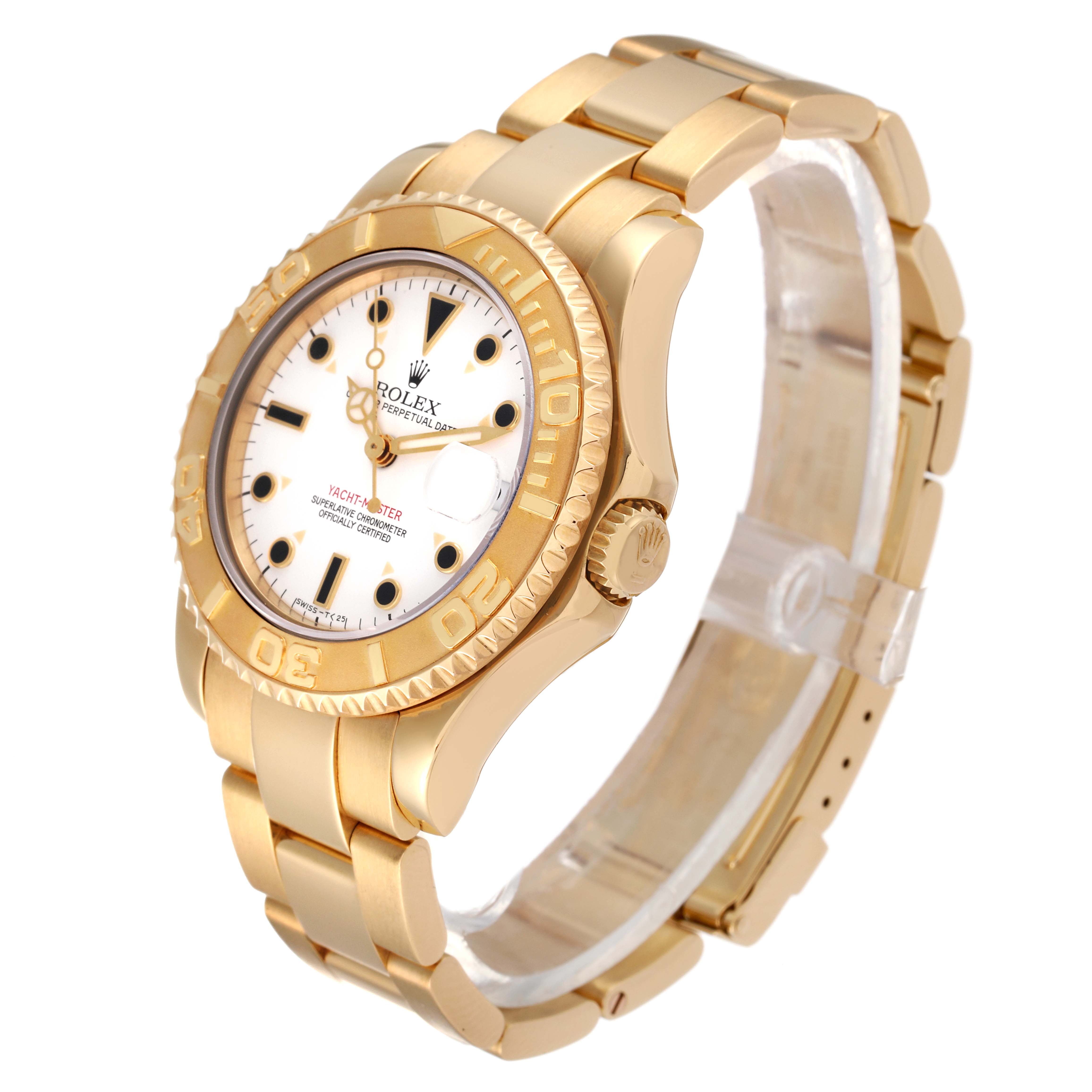 The Rolex Yacht-Master 68628 Men
s Yellow Gold White Dial 68628 Men
s Yellow Gold White Dial watch is shown at a three-quarter angle, revealing the dial, bracelet, and crown.