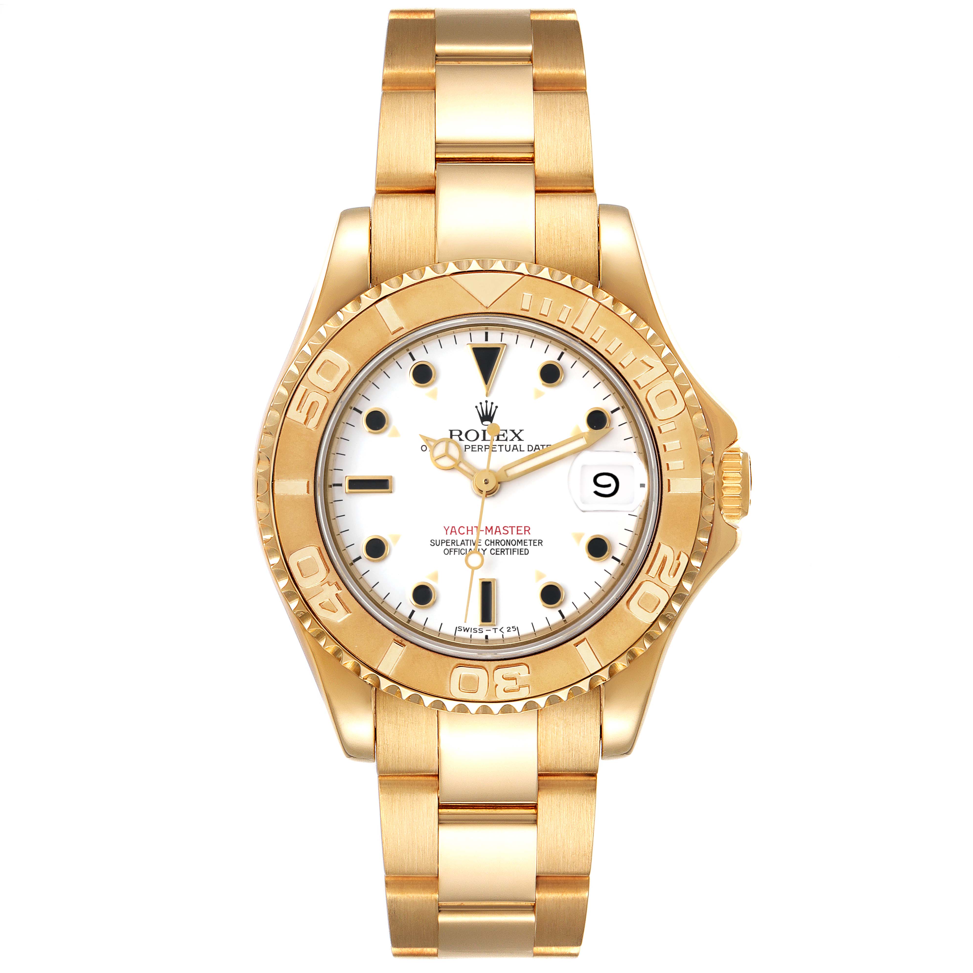 This image shows a frontal view of a Rolex Yacht-Master 68628 Men
s Yellow Gold White Dial 68628 Men
s Yellow Gold White Dial watch, including its face, bezel, and bracelet.