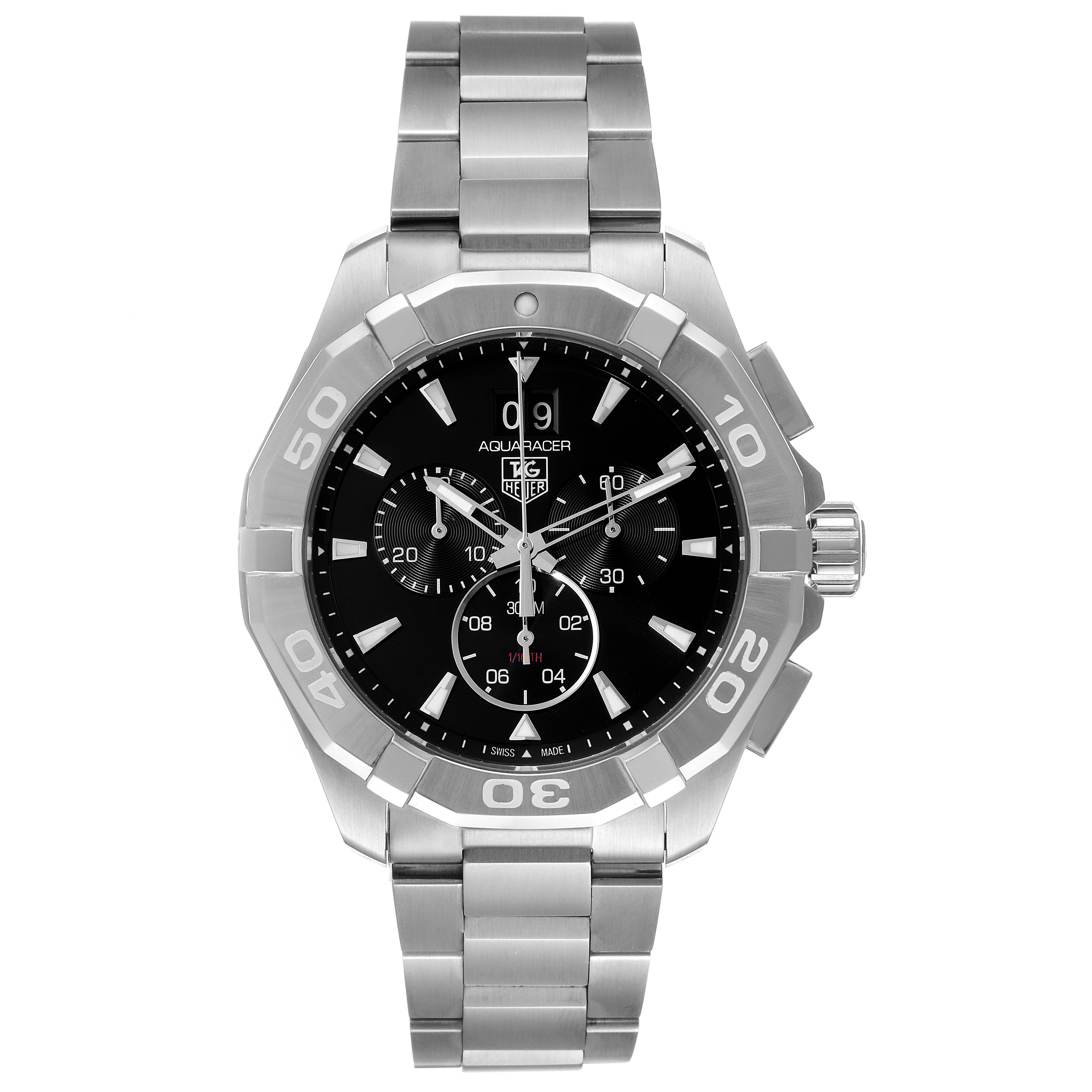 The image shows a front angle view of the Tag Heuer Aquaracer CAY1110.BA0927 Men
s Stainless Steel Black Dial CAY1110.BA0927 Men
s Stainless Steel Black Dial watch, highlighting its dial and stainless steel bracelet.