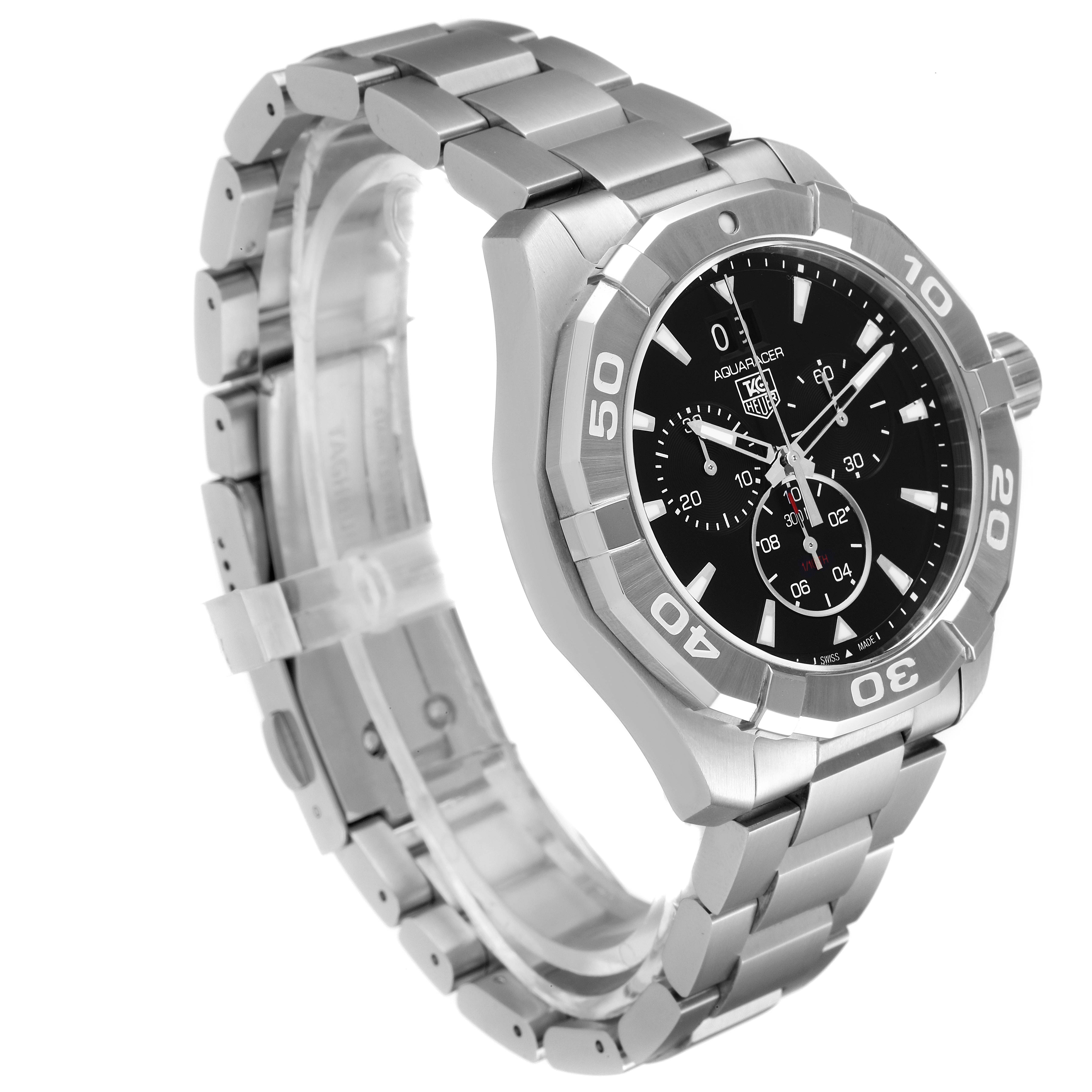 The Tag Heuer Aquaracer CAY1110.BA0927 Men
s Stainless Steel Black Dial CAY1110.BA0927 Men
s Stainless Steel Black Dial watch is shown at a three-quarter angle, displaying the bezel, dial, and metal bracelet.