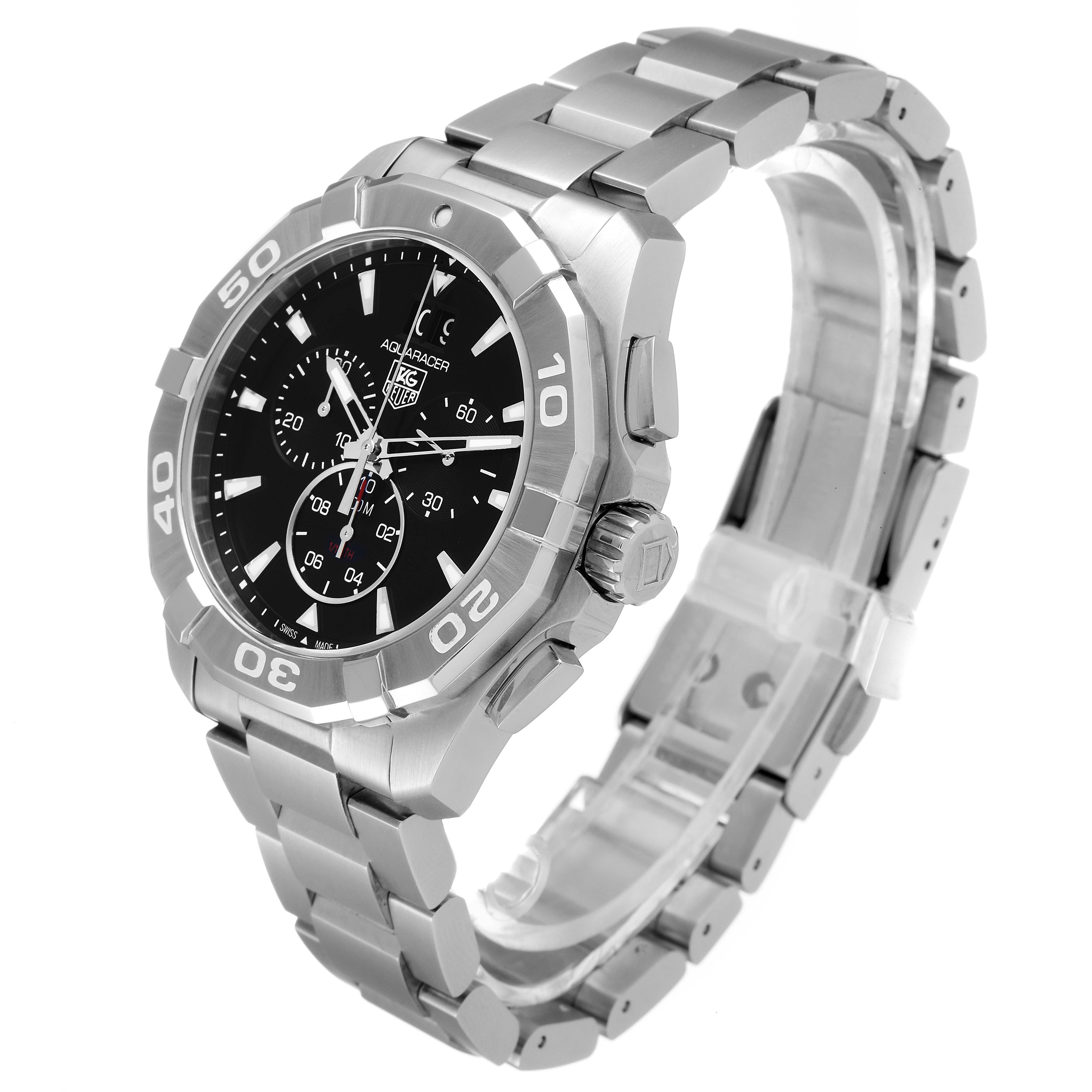 The image shows a Tag Heuer Aquaracer CAY1110.BA0927 Men
s Stainless Steel Black Dial CAY1110.BA0927 Men
s Stainless Steel Black Dial watch at an angled perspective, highlighting its bezel, dial, crown, and metal bracelet.