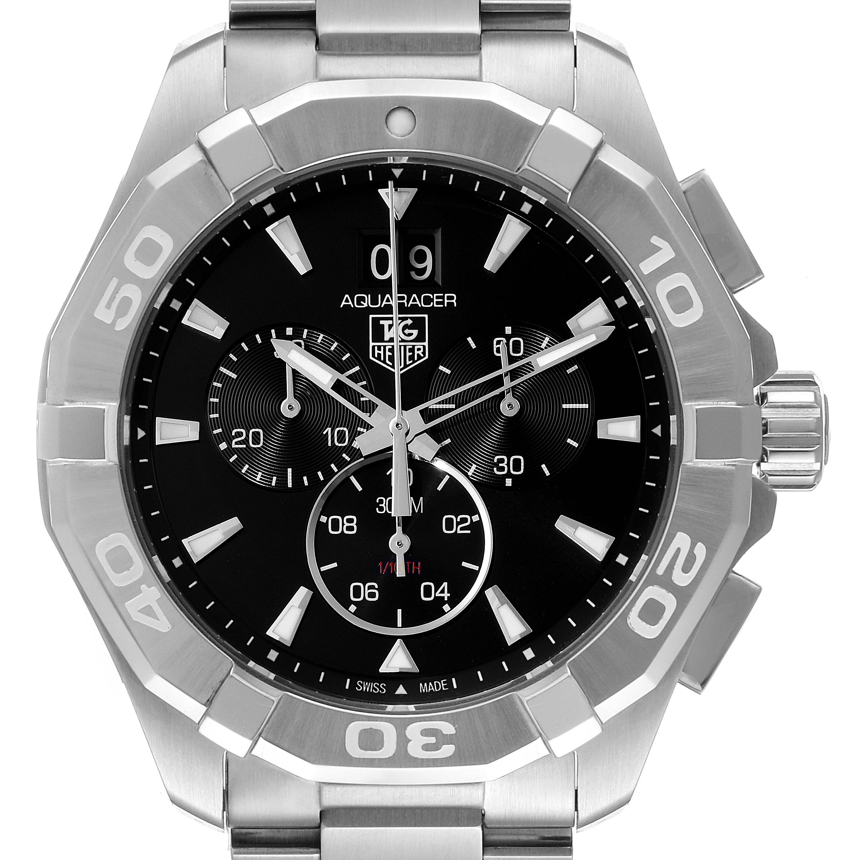 The image shows the face and bezel of a Tag Heuer Aquaracer CAY1110.BA0927 Men
s Stainless Steel Black Dial CAY1110.BA0927 Men
s Stainless Steel Black Dial watch from a front angle, highlighting its chronograph subdials.