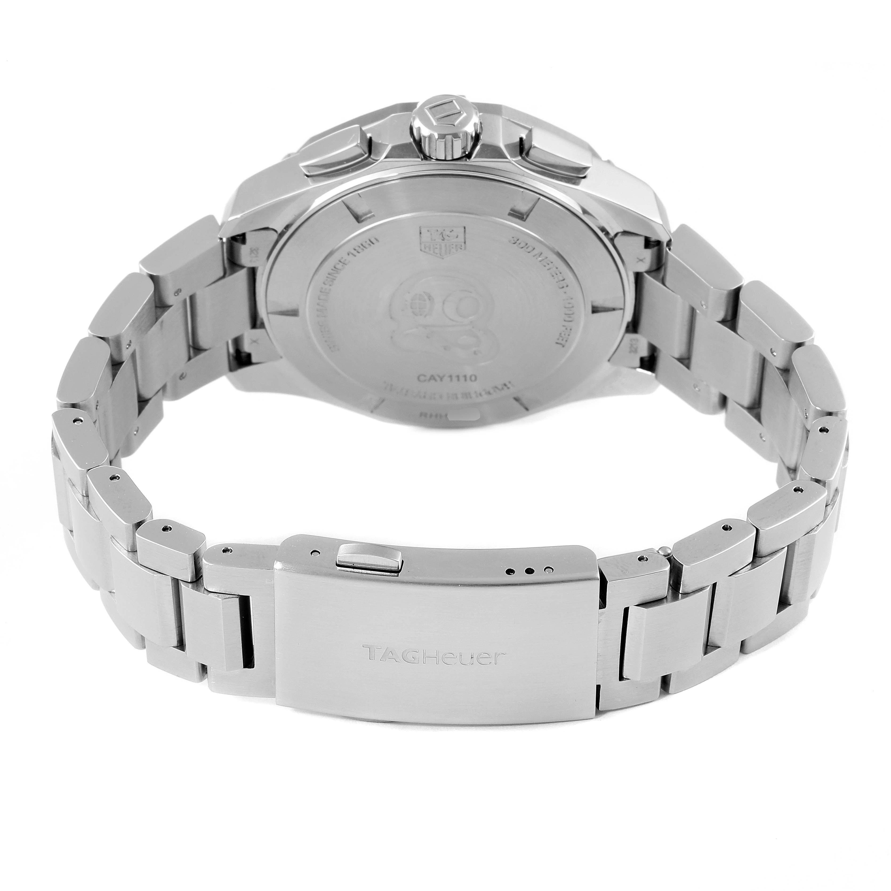 The image shows the back case and bracelet clasp of a Tag Heuer Aquaracer CAY1110.BA0927 Men
s Stainless Steel Black Dial CAY1110.BA0927 Men
s Stainless Steel Black Dial watch, viewed from the rear.