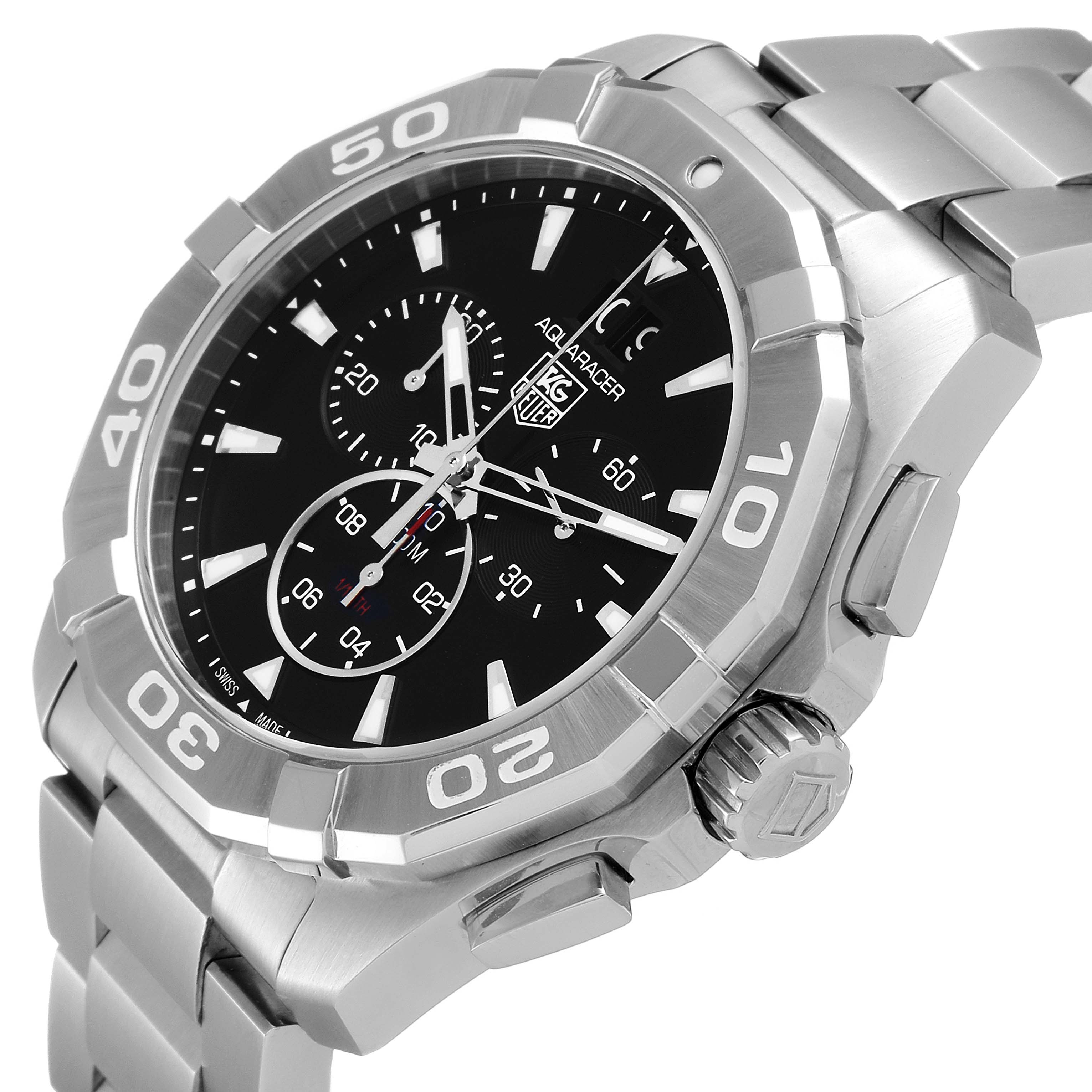 The image shows the Tag Heuer Aquaracer CAY1110.BA0927 Men
s Stainless Steel Black Dial CAY1110.BA0927 Men
s Stainless Steel Black Dial watch at an angled close-up, highlighting the bezel, crown, and dial.