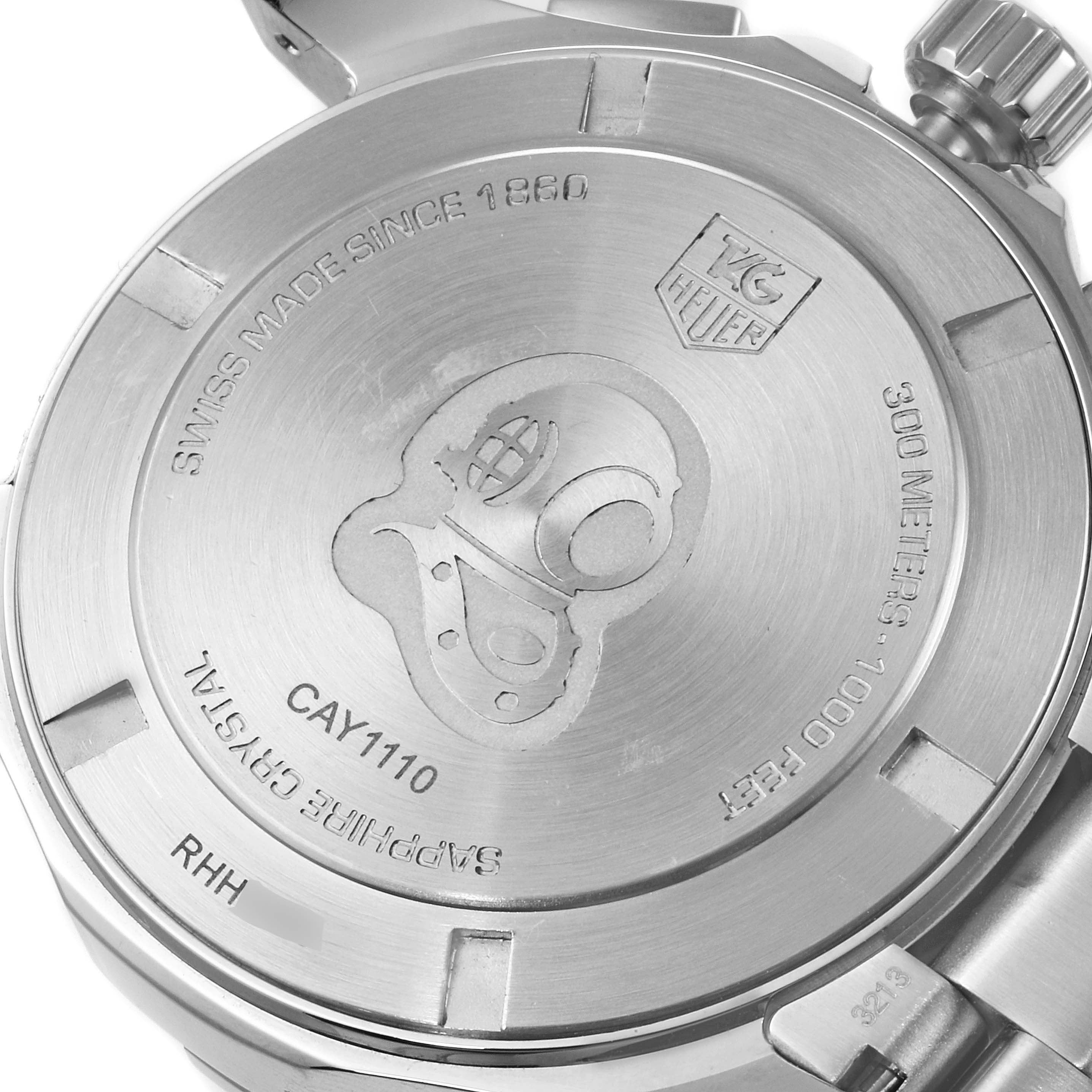 The image shows the back case of a Tag Heuer Aquaracer CAY1110.BA0927 Men
s Stainless Steel Black Dial CAY1110.BA0927 Men
s Stainless Steel Black Dial watch, highlighting engravings and the crown.