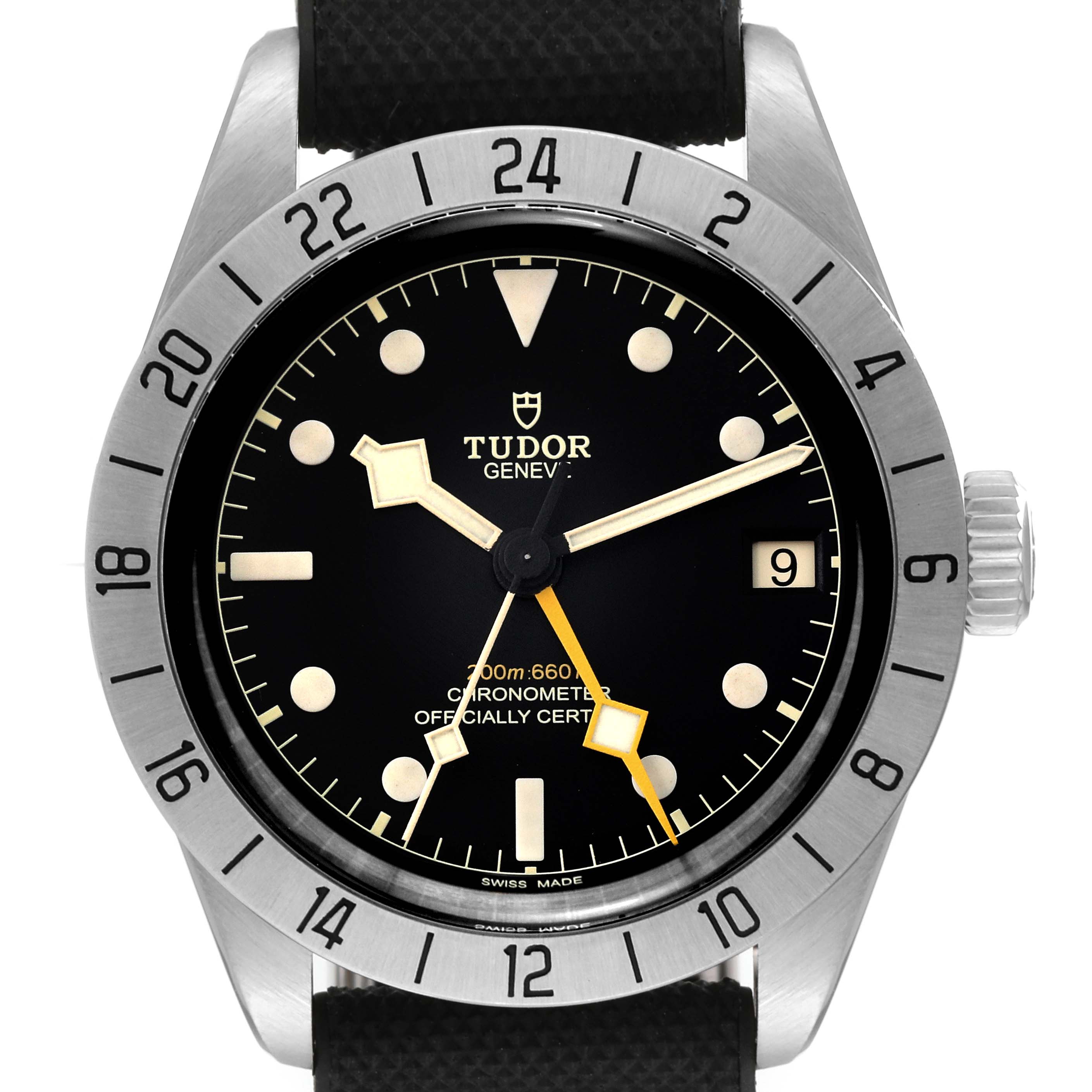 This image shows a front view of the Tudor Heritage Black Bay M79470-0003 Men
s Stainless Steel Black Dial M79470-0003 Men
s Stainless Steel Black Dial watch, highlighting the dial, bezel, and crown.