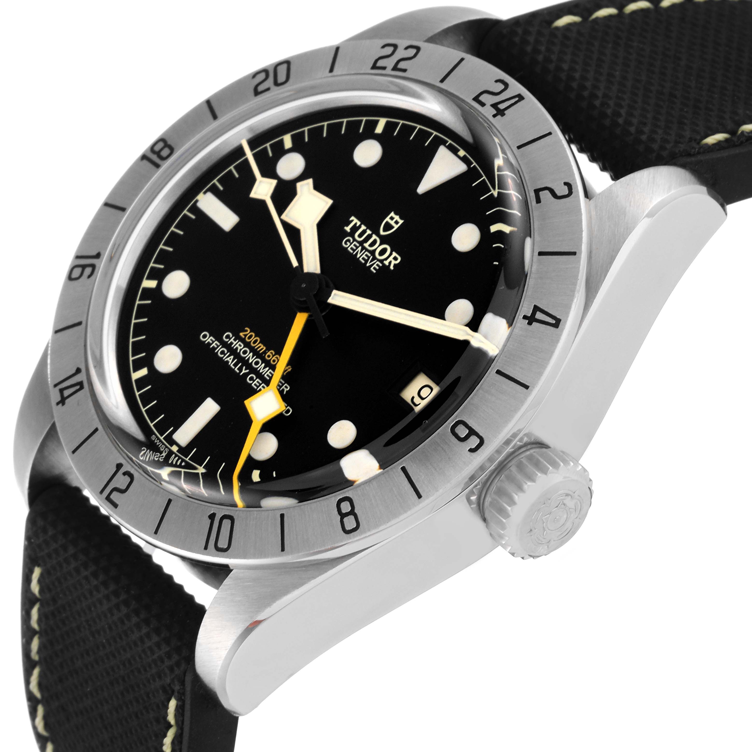 The image shows a Tudor Heritage Black Bay M79470-0003 Men
s Stainless Steel Black Dial M79470-0003 Men
s Stainless Steel Black Dial watch from a side angle, highlighting the crown, bezel, dial, and strap.