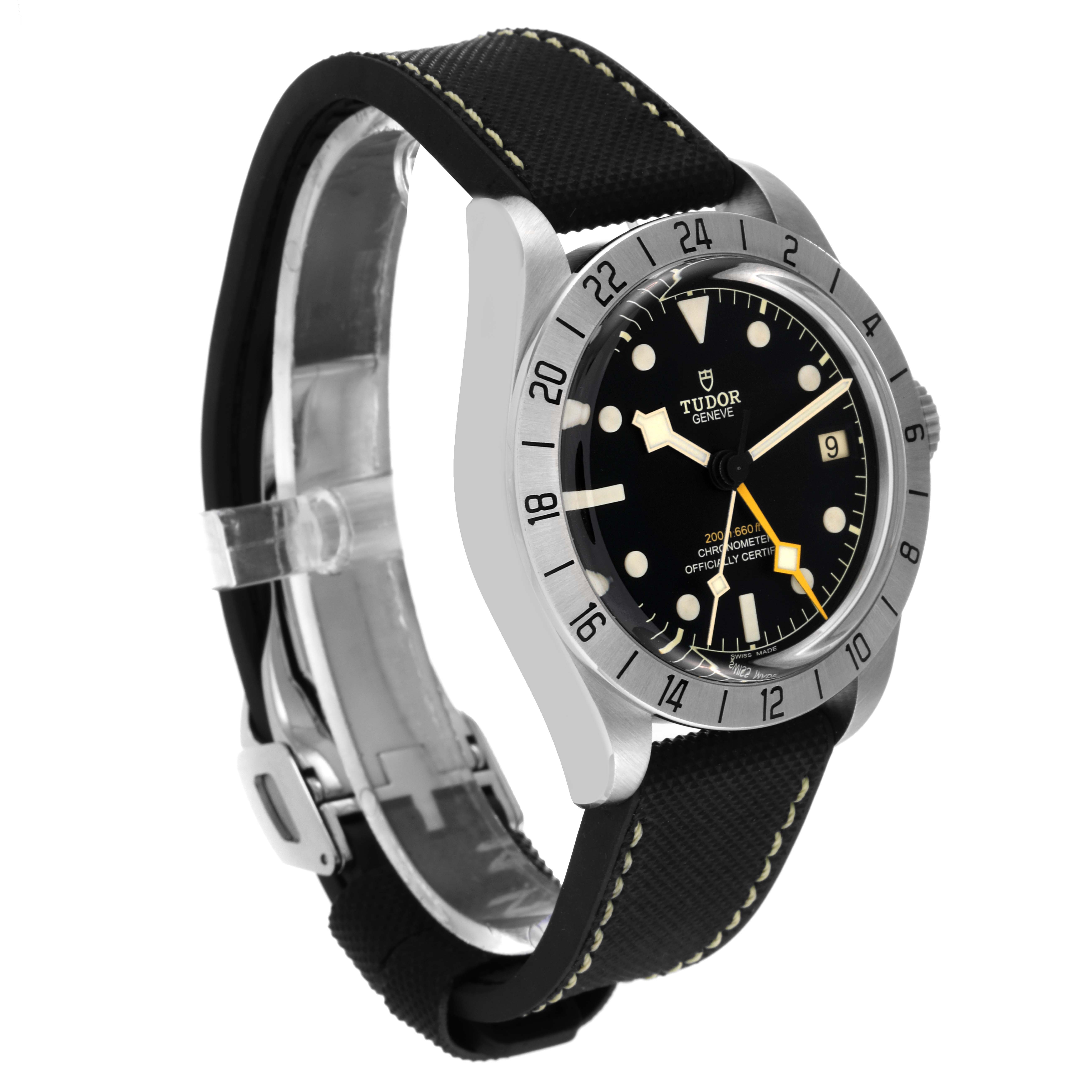 The Tudor Heritage Black Bay M79470-0003 Men
s Stainless Steel Black Dial M79470-0003 Men
s Stainless Steel Black Dial watch is shown at a slight side angle, displaying the face, bezel, strap, and part of the clasp.