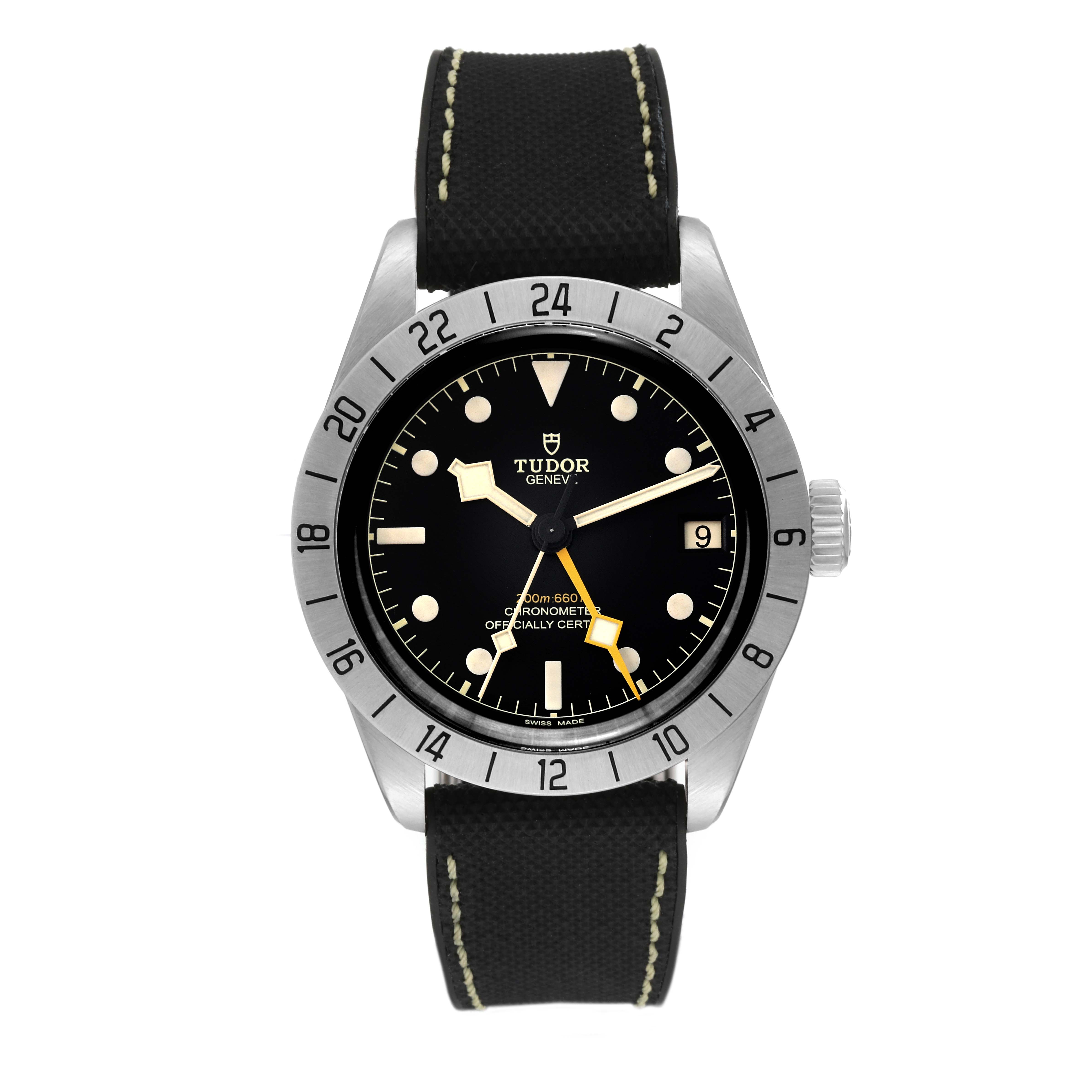 This image shows a front-facing Tudor Heritage Black Bay M79470-0003 Men
s Stainless Steel Black Dial M79470-0003 Men
s Stainless Steel Black Dial watch with a black dial, steel bezel, and black strap.