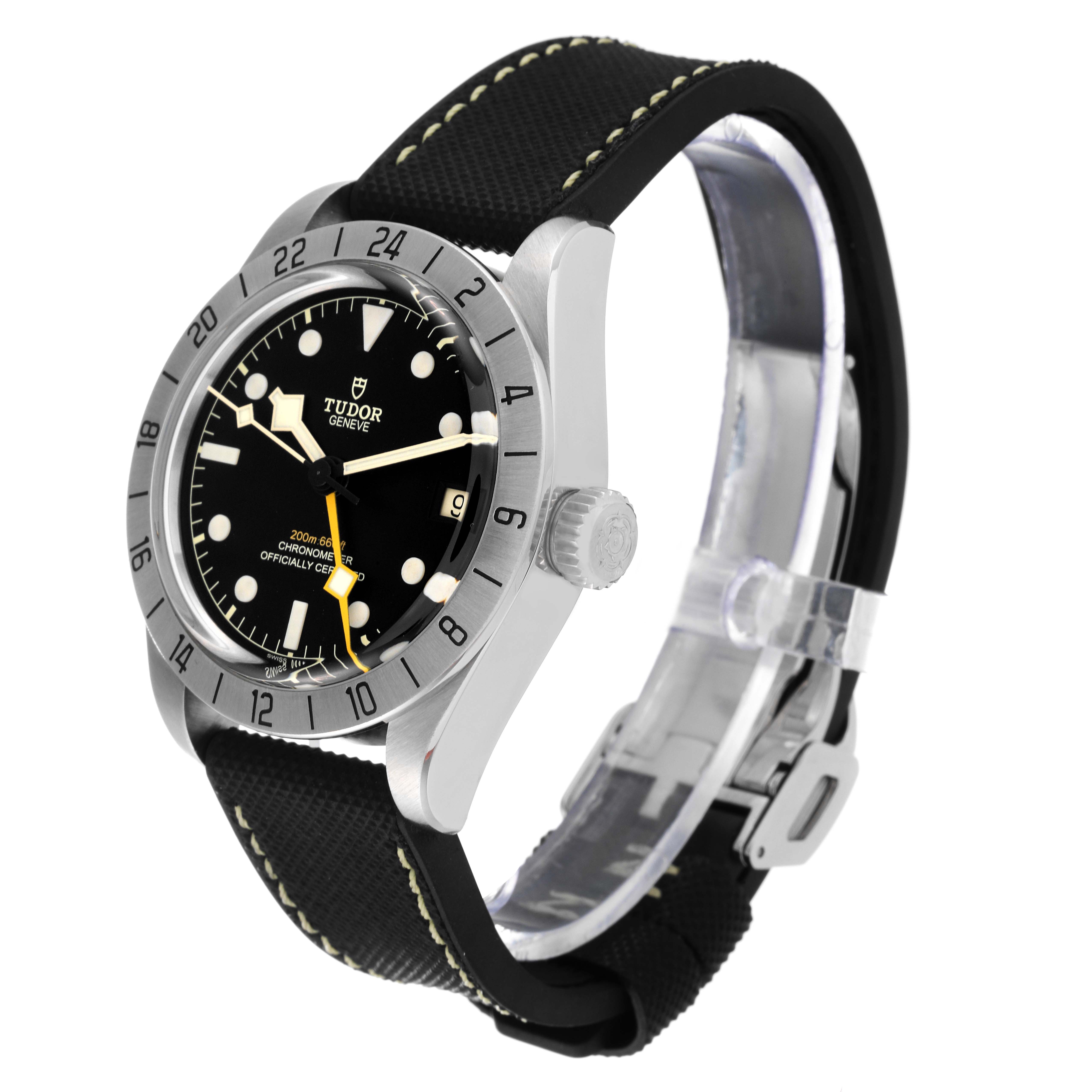 This image shows a side and front angle of the Tudor Heritage Black Bay M79470-0003 Men
s Stainless Steel Black Dial M79470-0003 Men
s Stainless Steel Black Dial watch, highlighting the bezel, dial, and strap.