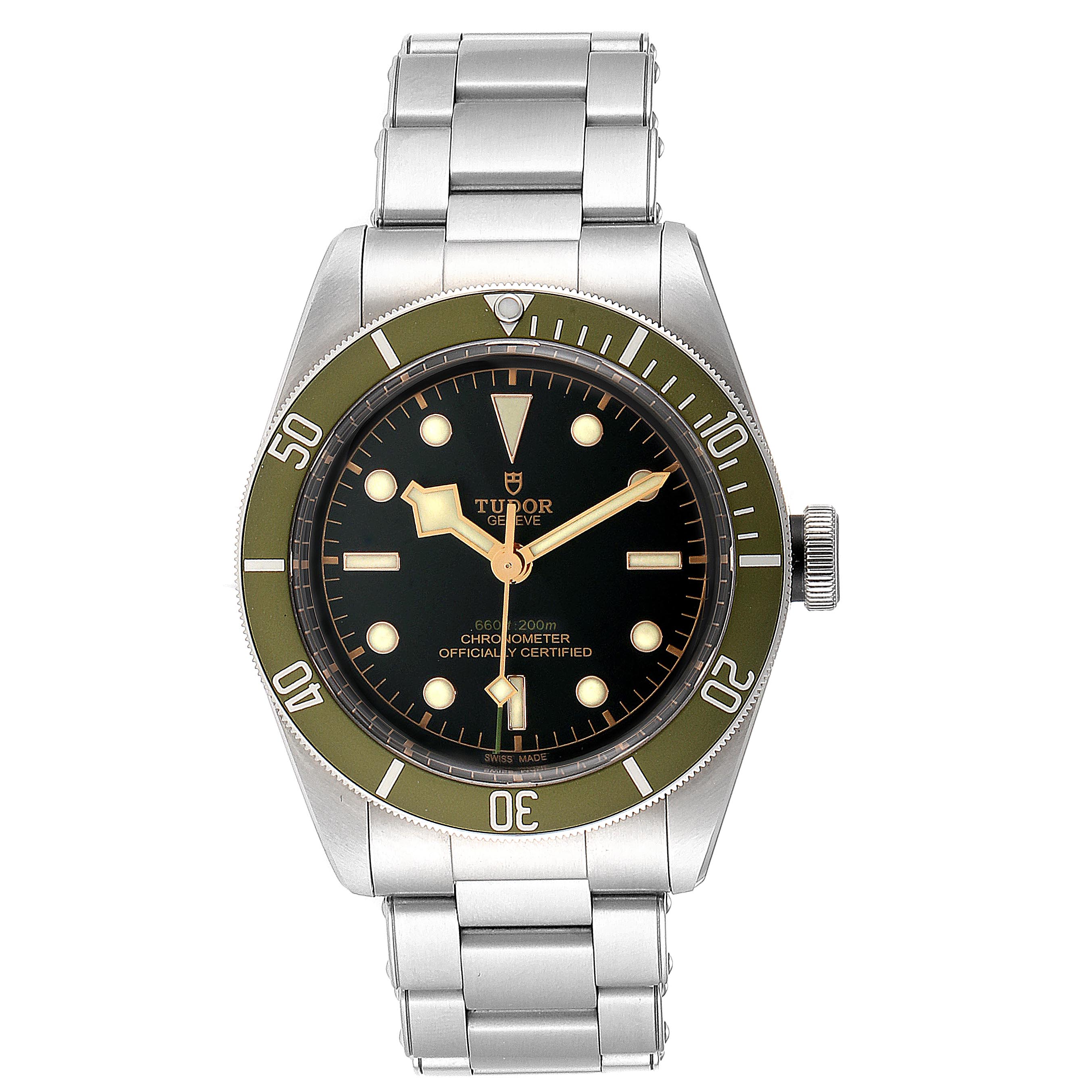 The image shows a front view of the Tudor Heritage Black Bay 79230G Men
s Stainless Steel Black Dial 79230G Men
s Stainless Steel Black Dial watch, displaying its dial, bezel, and bracelet.
