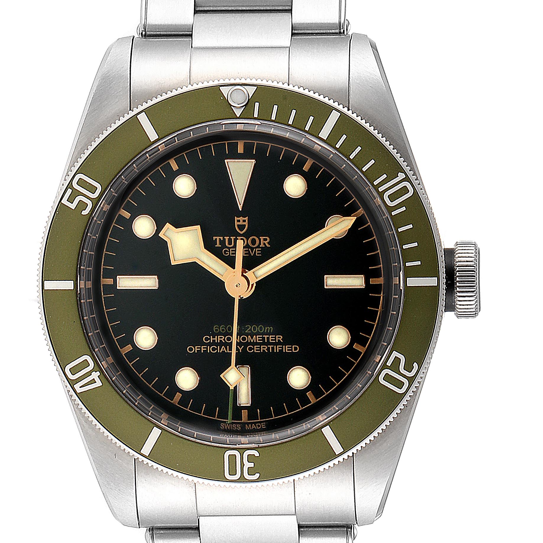 This image shows a front view of the dial and bezel of a Tudor Heritage Black Bay 79230G Men
s Stainless Steel Black Dial 79230G Men
s Stainless Steel Black Dial watch.
