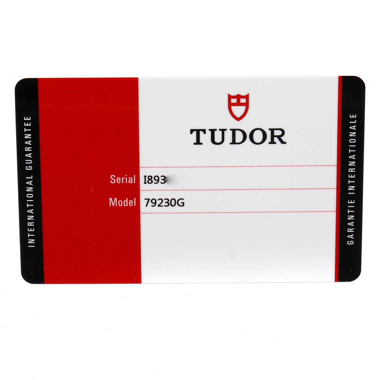 This is an international guarantee card for the Tudor Heritage Black Bay 79230G Men
s Stainless Steel Black Dial 79230G Men
s Stainless Steel Black Dial model 79230G with serial number 1893.