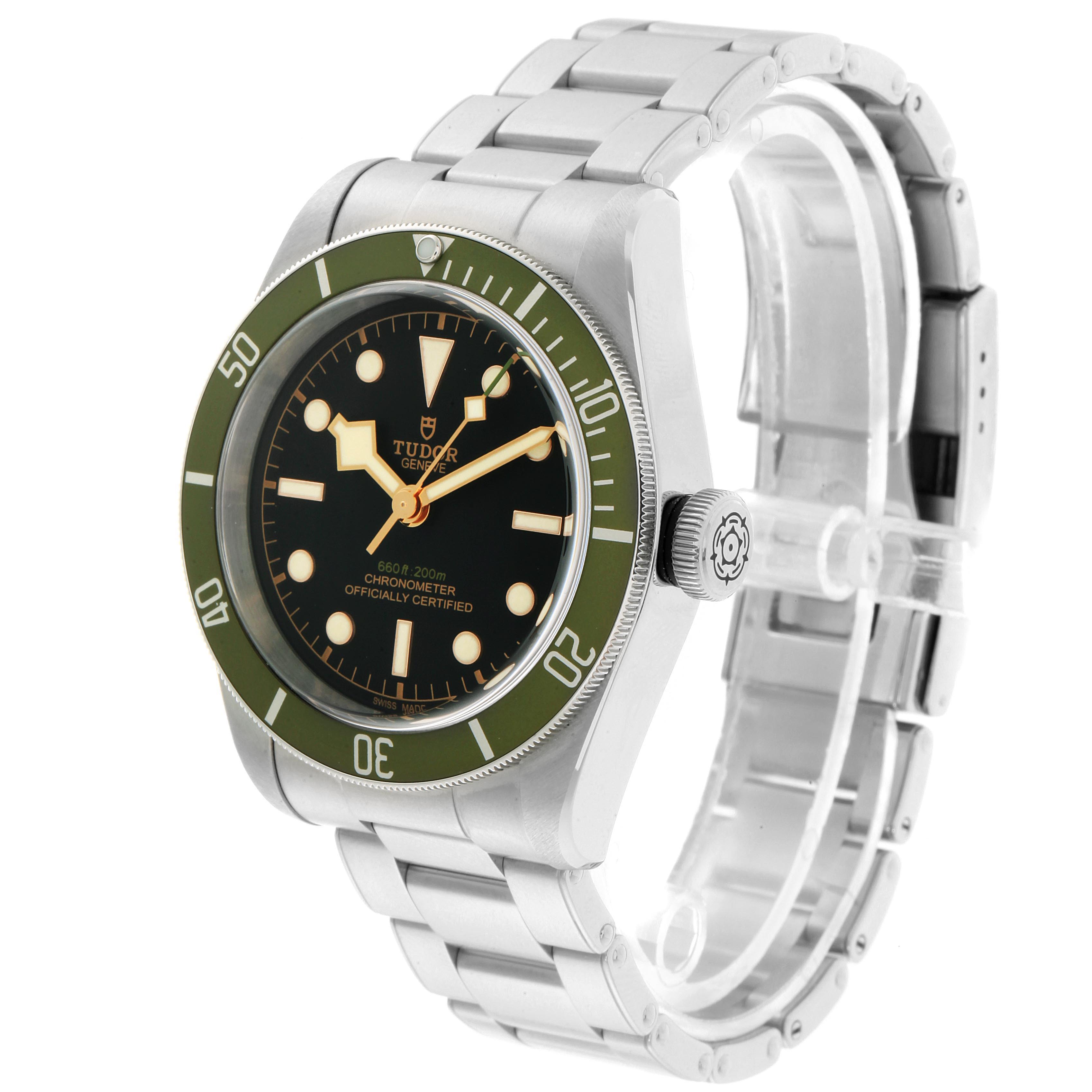 The image shows a Tudor Heritage Black Bay 79230G Men
s Stainless Steel Black Dial 79230G Men
s Stainless Steel Black Dial watch at a slight angle, revealing the face, bezel, crown, and bracelet.