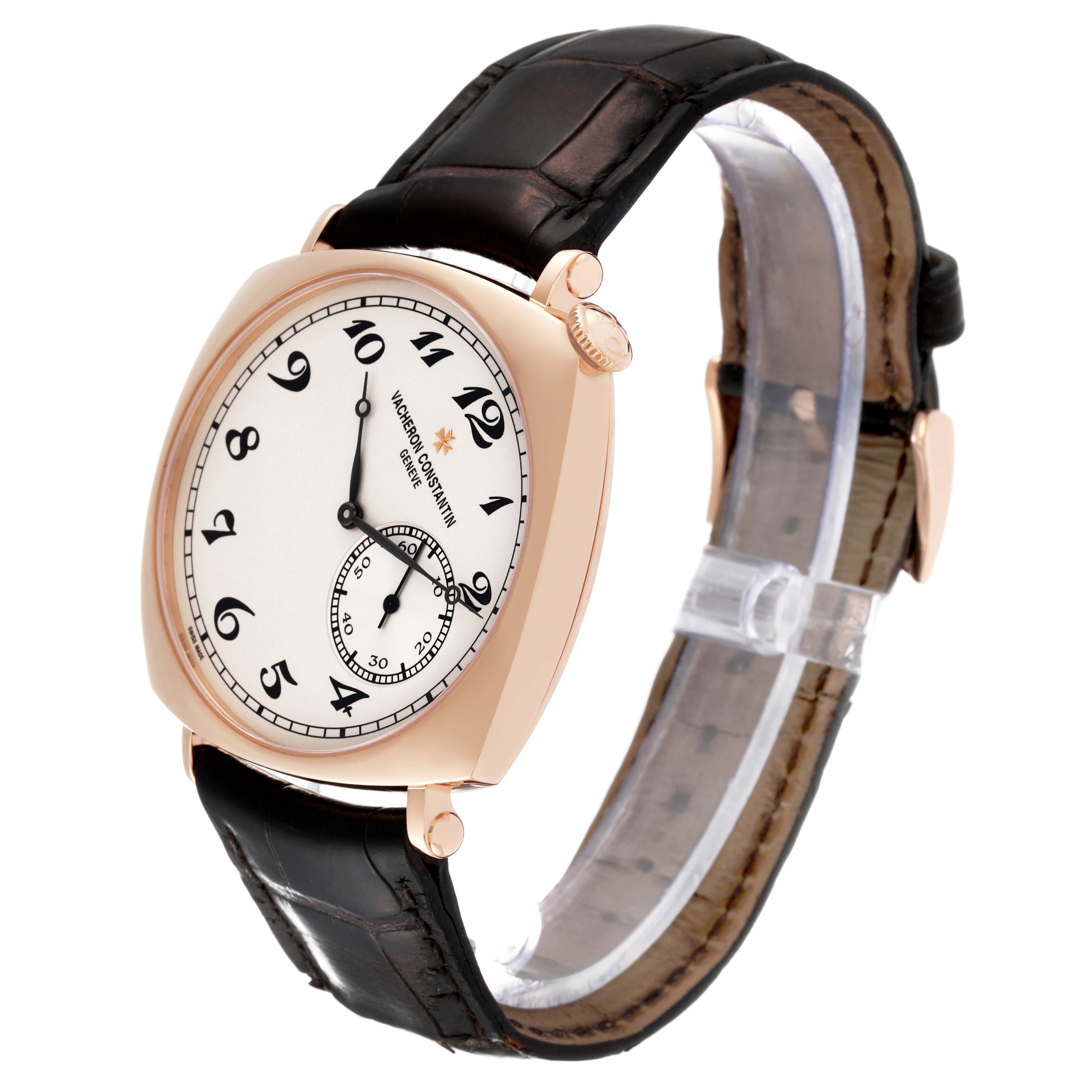 The image shows a Vacheron Constantin Historiques 82035000R-9359 Men's Rose Gold Silver Dial 82035000R-9359 Men's Rose Gold Silver Dial model watch at a three-quarter angle, revealing the dial, crown, and leather strap.