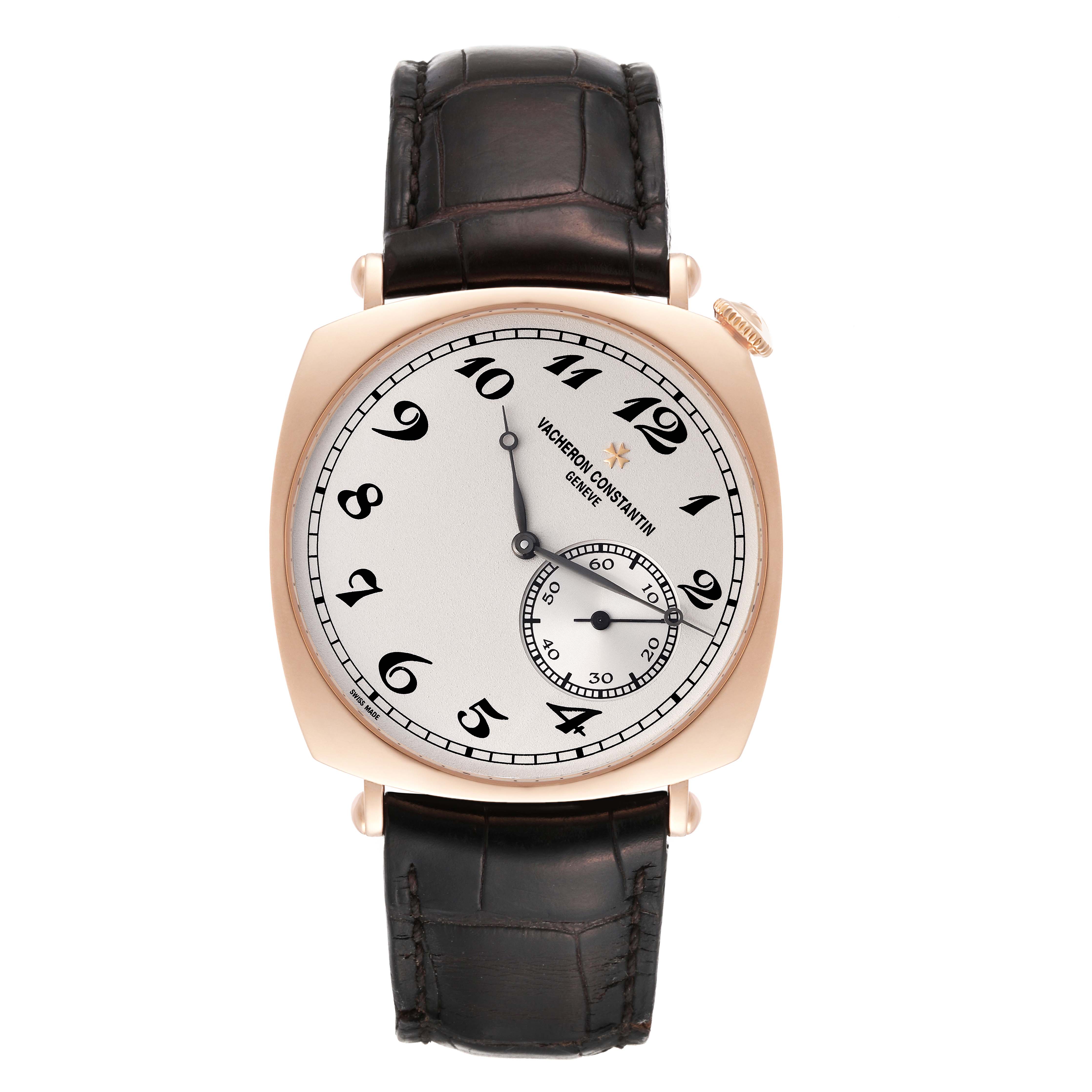 The image shows a front view of the Historiques model watch by Vacheron Constantin, highlighting its dial, hands, and leather strap.