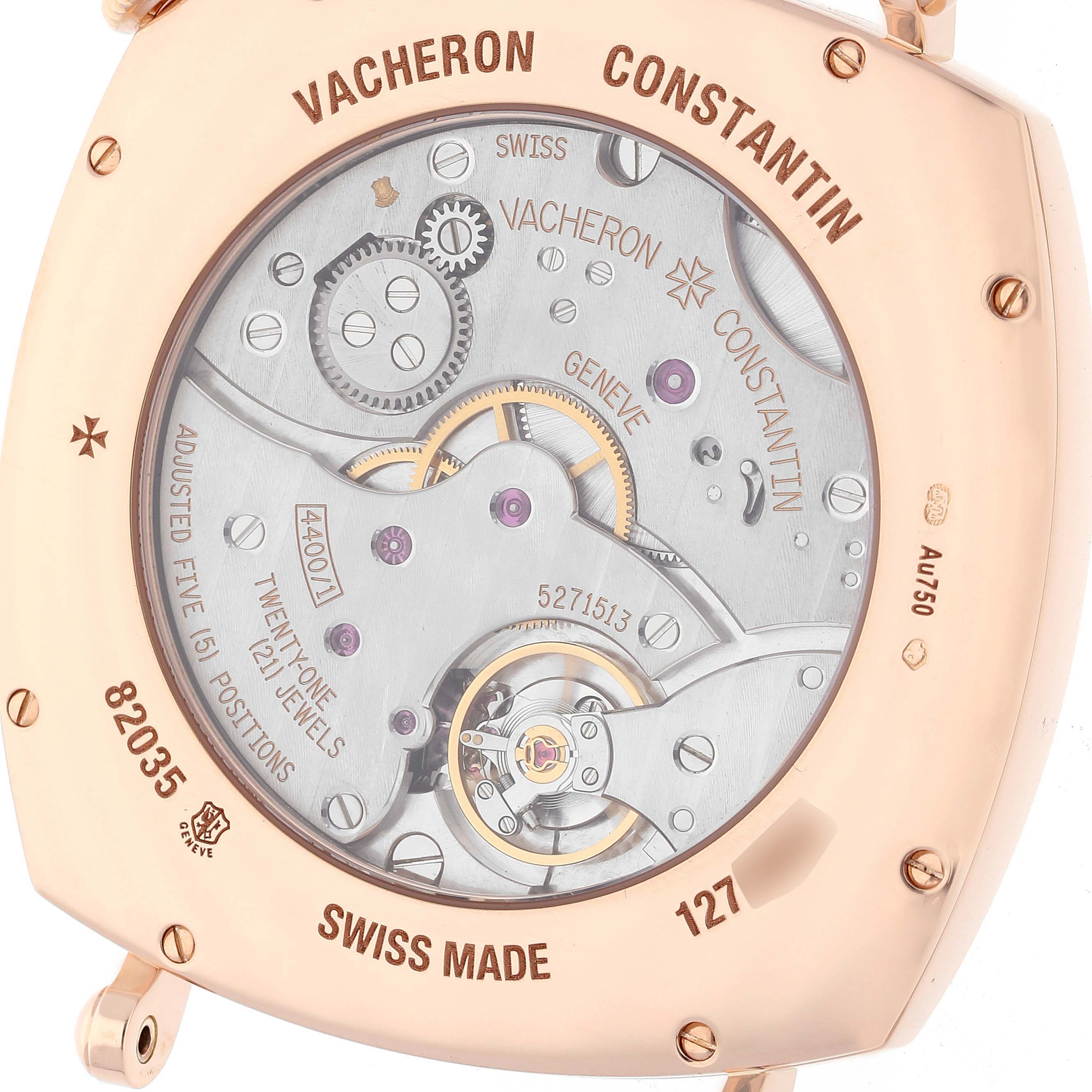 The image shows the case back of a Vacheron Constantin Historiques 82035000R-9359 Men's Rose Gold Silver Dial 82035000R-9359 Men's Rose Gold Silver Dial watch, highlighting its intricate movement.