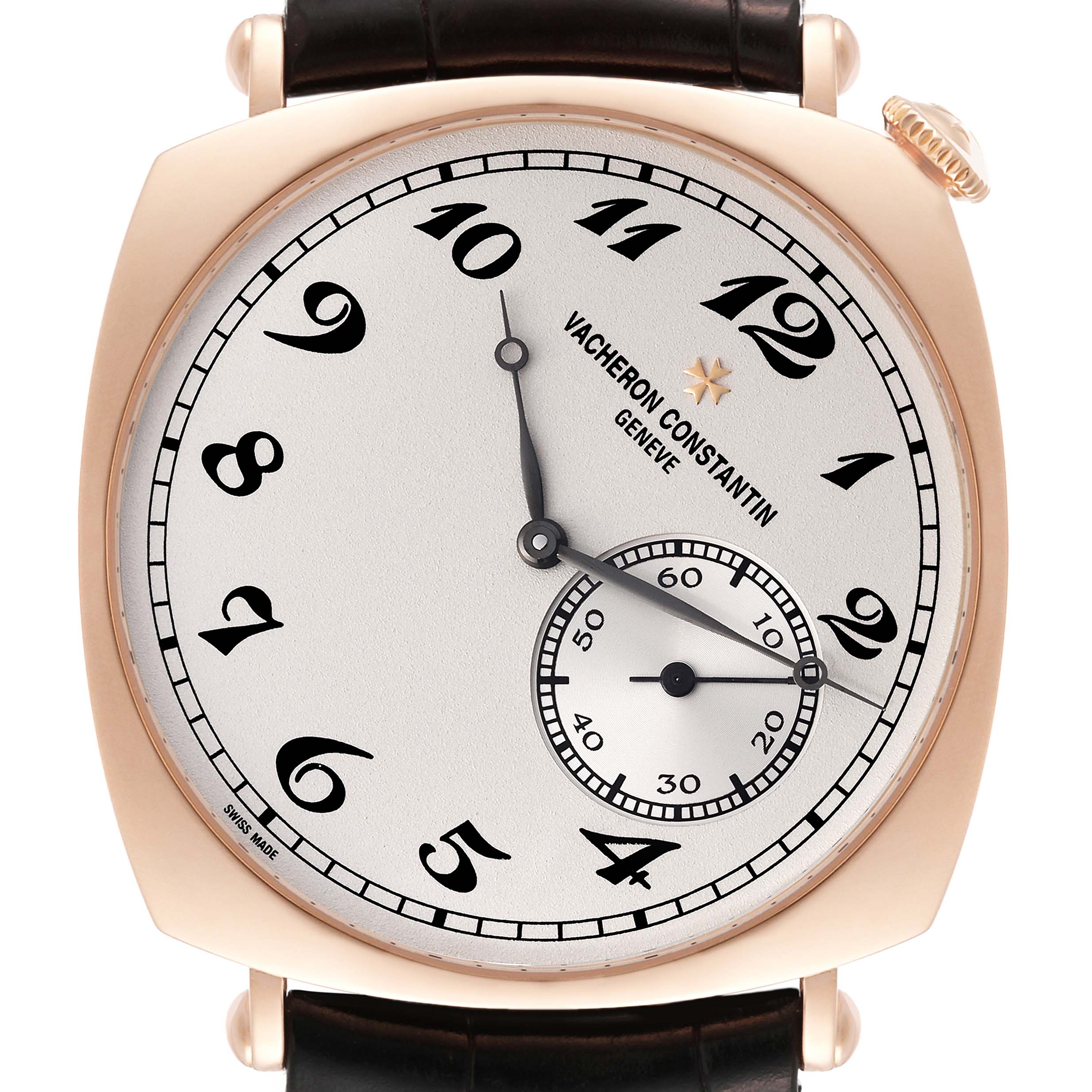 This image shows a front view of the Vacheron Constantin Historiques 82035000R-9359 Men's Rose Gold Silver Dial 82035000R-9359 Men's Rose Gold Silver Dial watch, highlighting its dial, hands, markers, and crown.