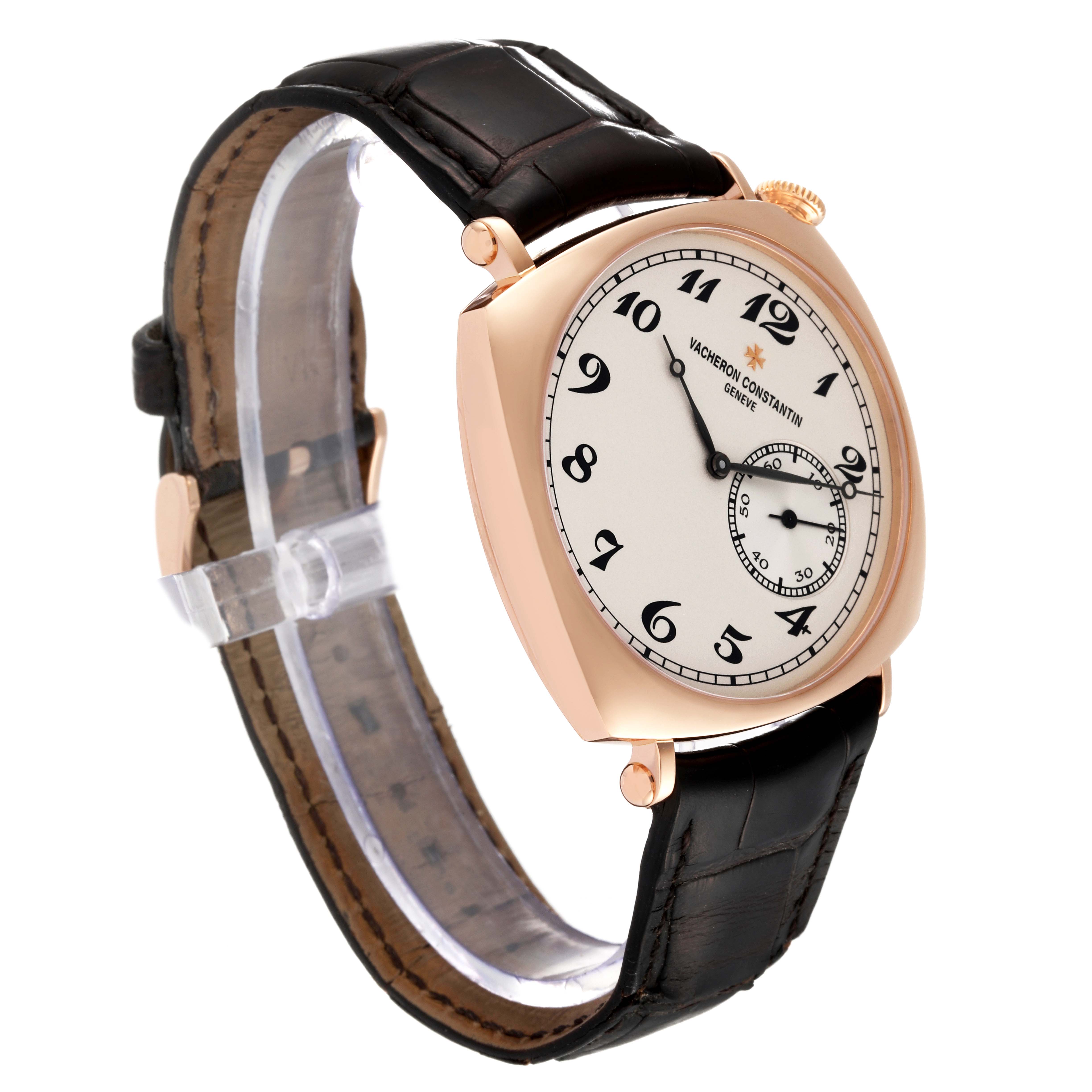 The Vacheron Constantin Historiques 82035000R-9359 Men's Rose Gold Silver Dial 82035000R-9359 Men's Rose Gold Silver Dial watch is shown at a side angle, displaying the face, crown, and leather strap.