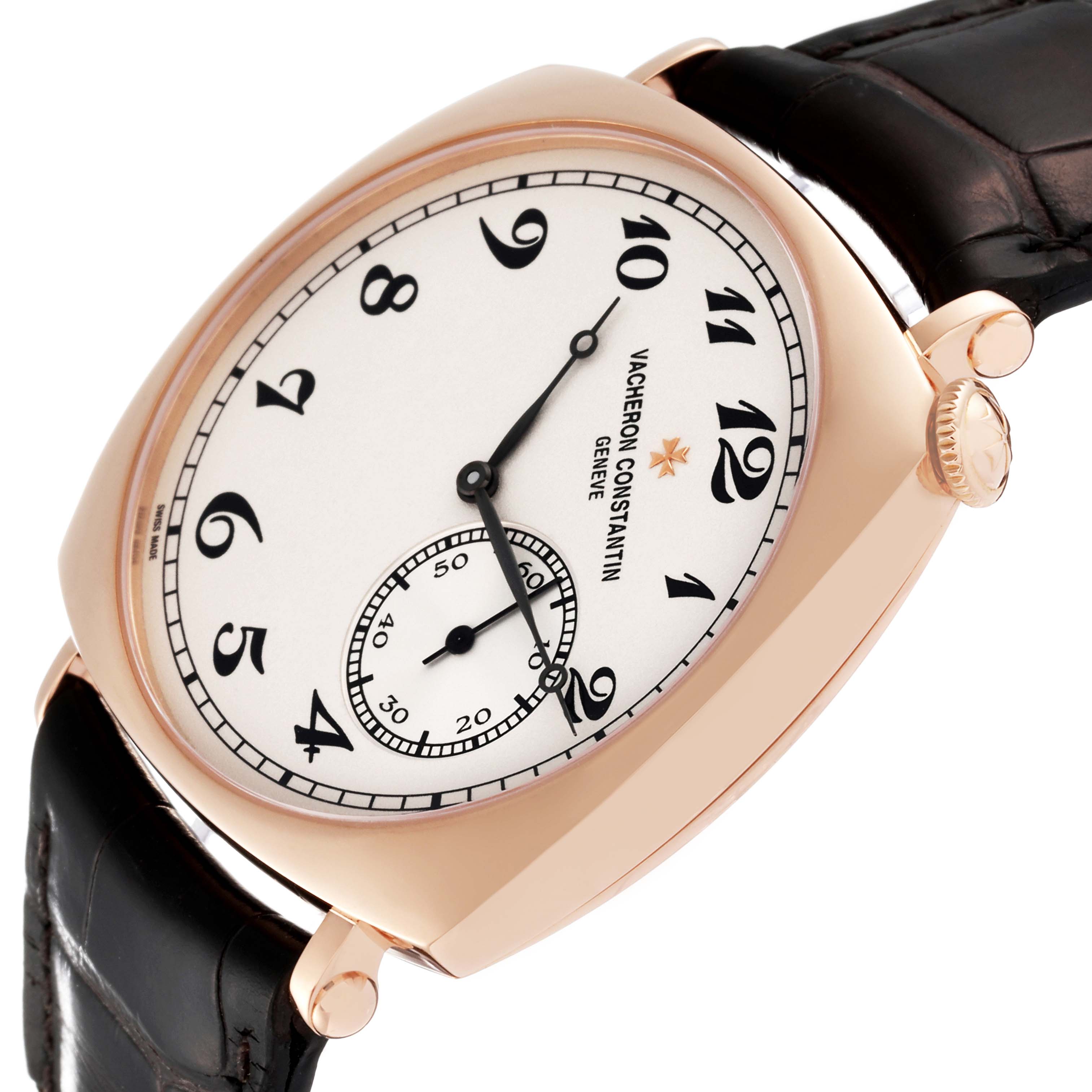 The Vacheron Constantin Historiques 82035000R-9359 Men's Rose Gold Silver Dial 82035000R-9359 Men's Rose Gold Silver Dial watch is shown at an angle highlighting its face, crown, and leather strap.