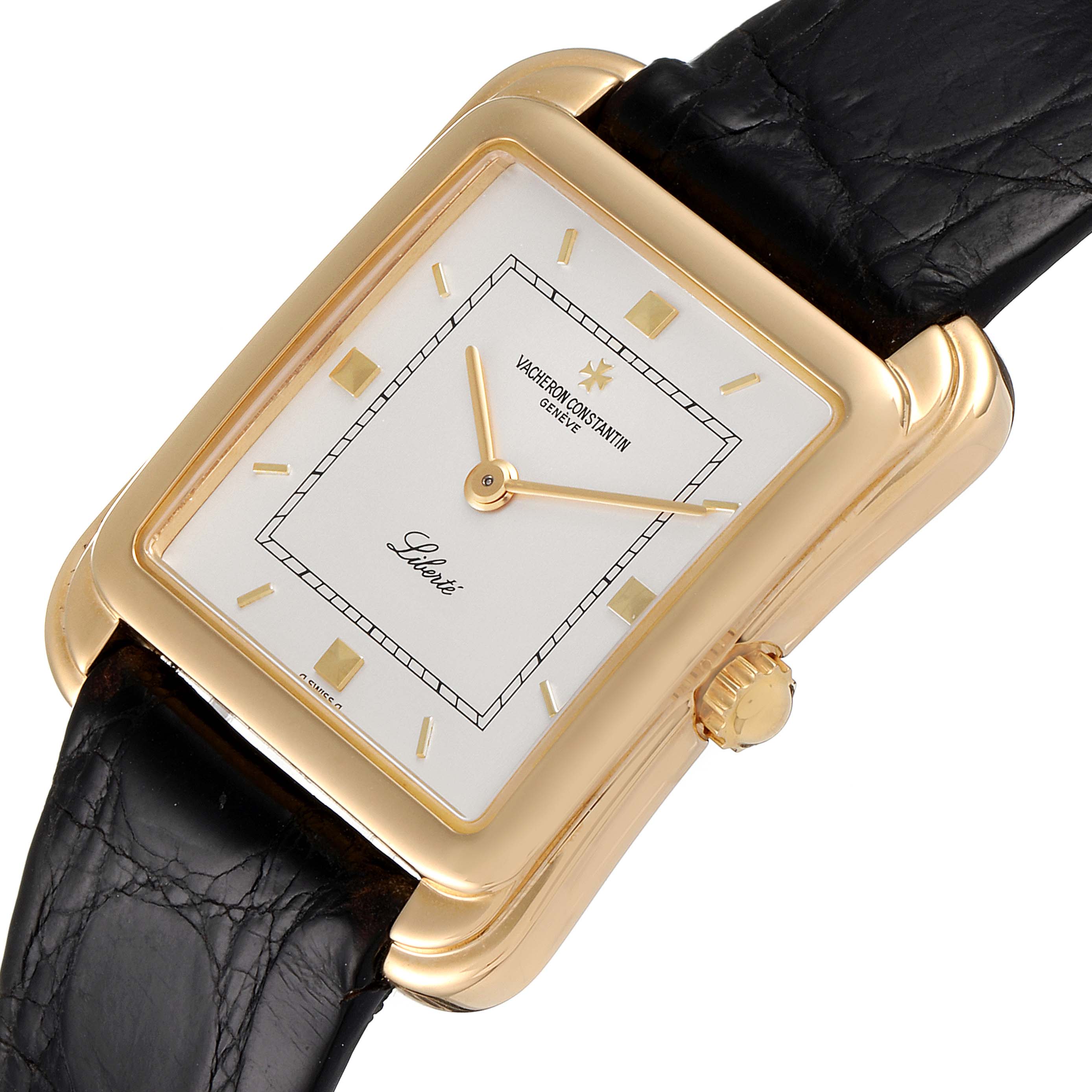 The image shows a Vacheron Constantin Vintage 31100 Men's Yellow Gold Silver Dial 31100 Men's Yellow Gold Silver Dial watch with a rectangular gold case, white dial, and black leather strap from an angled top view.