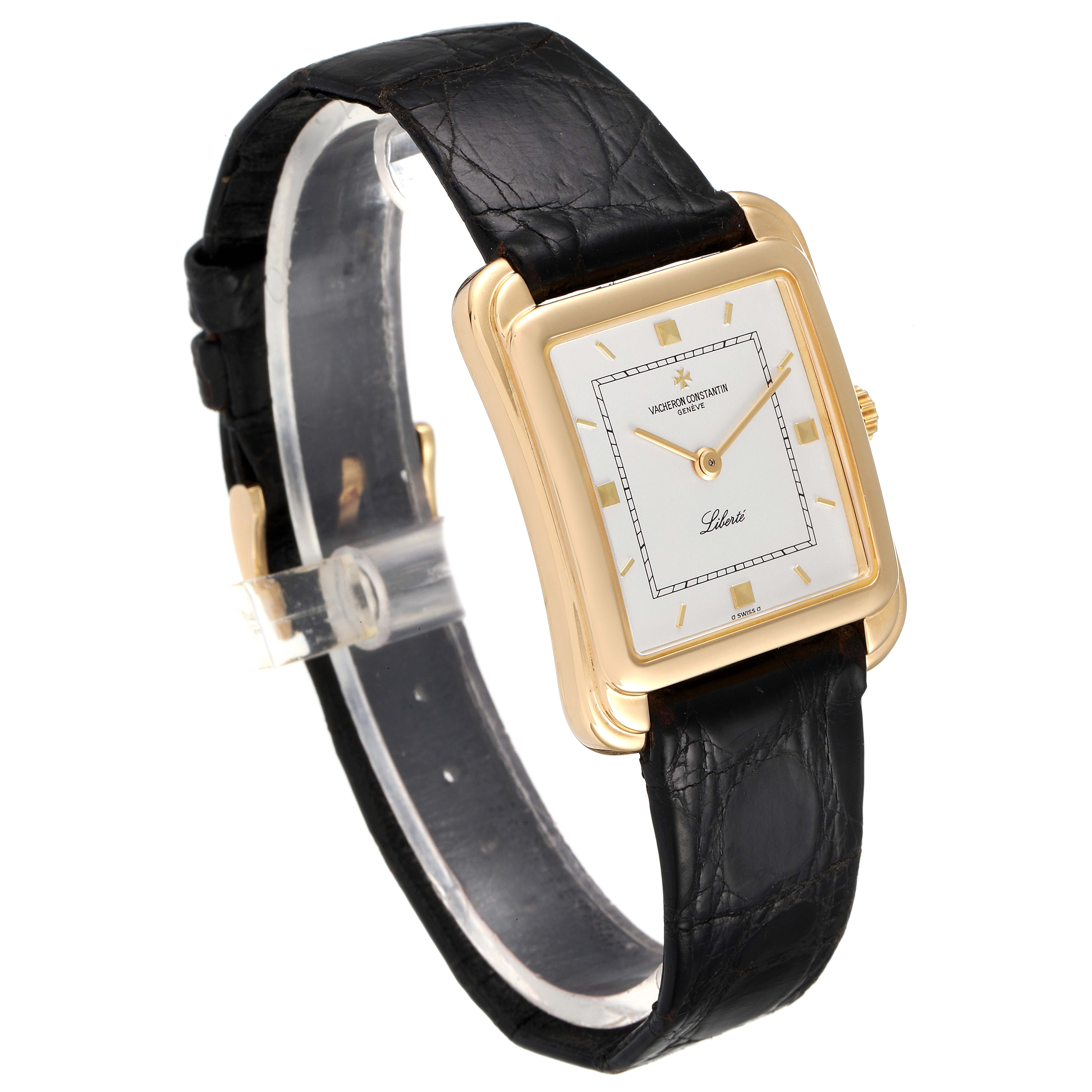 The watch is a vintage Vacheron Constantin model, displaying the face, strap, and buckle from a three-quarter angle.